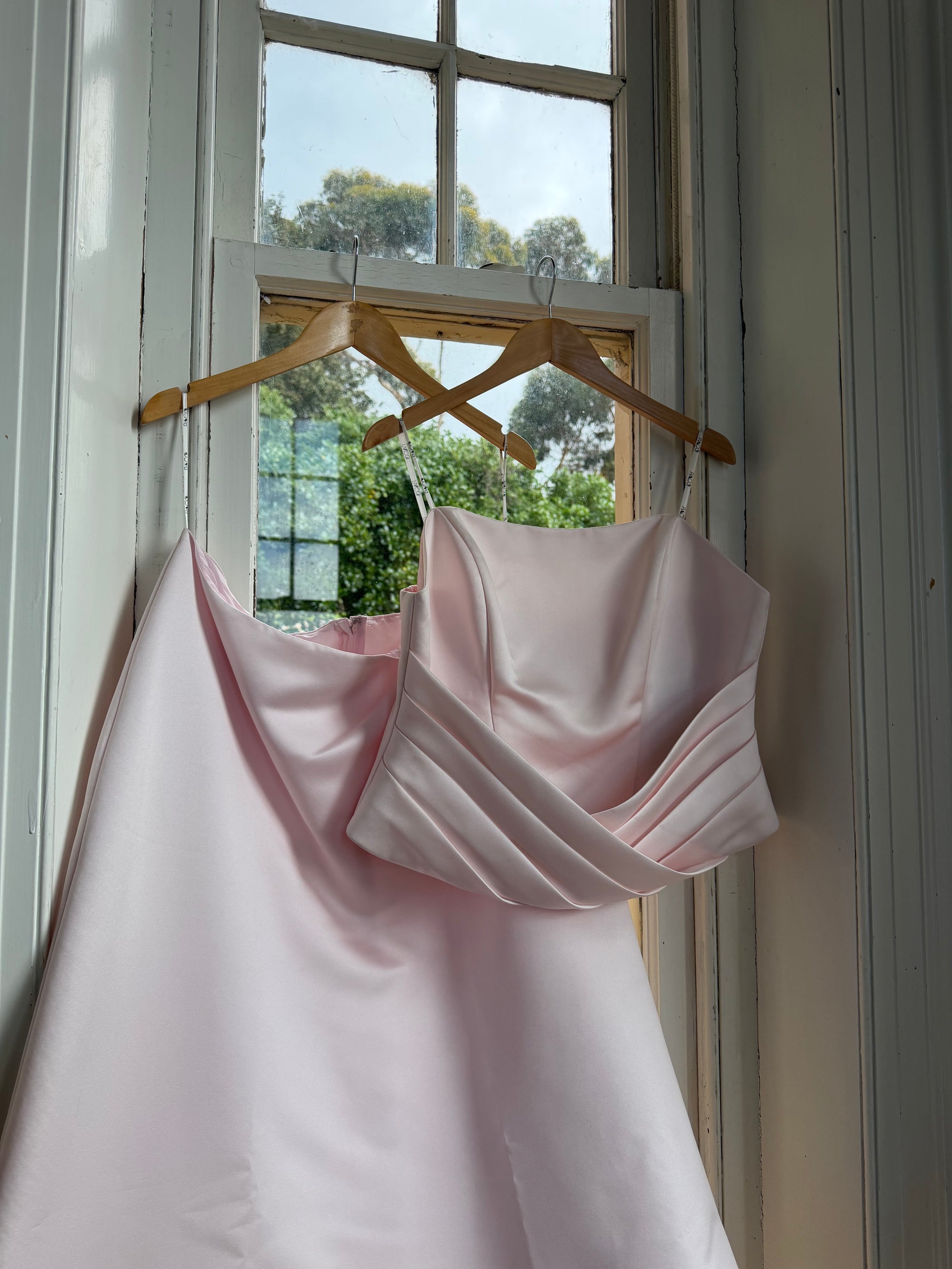 Vintage 90s Baby Pink Satin Pleated Bustier and Skirt Set