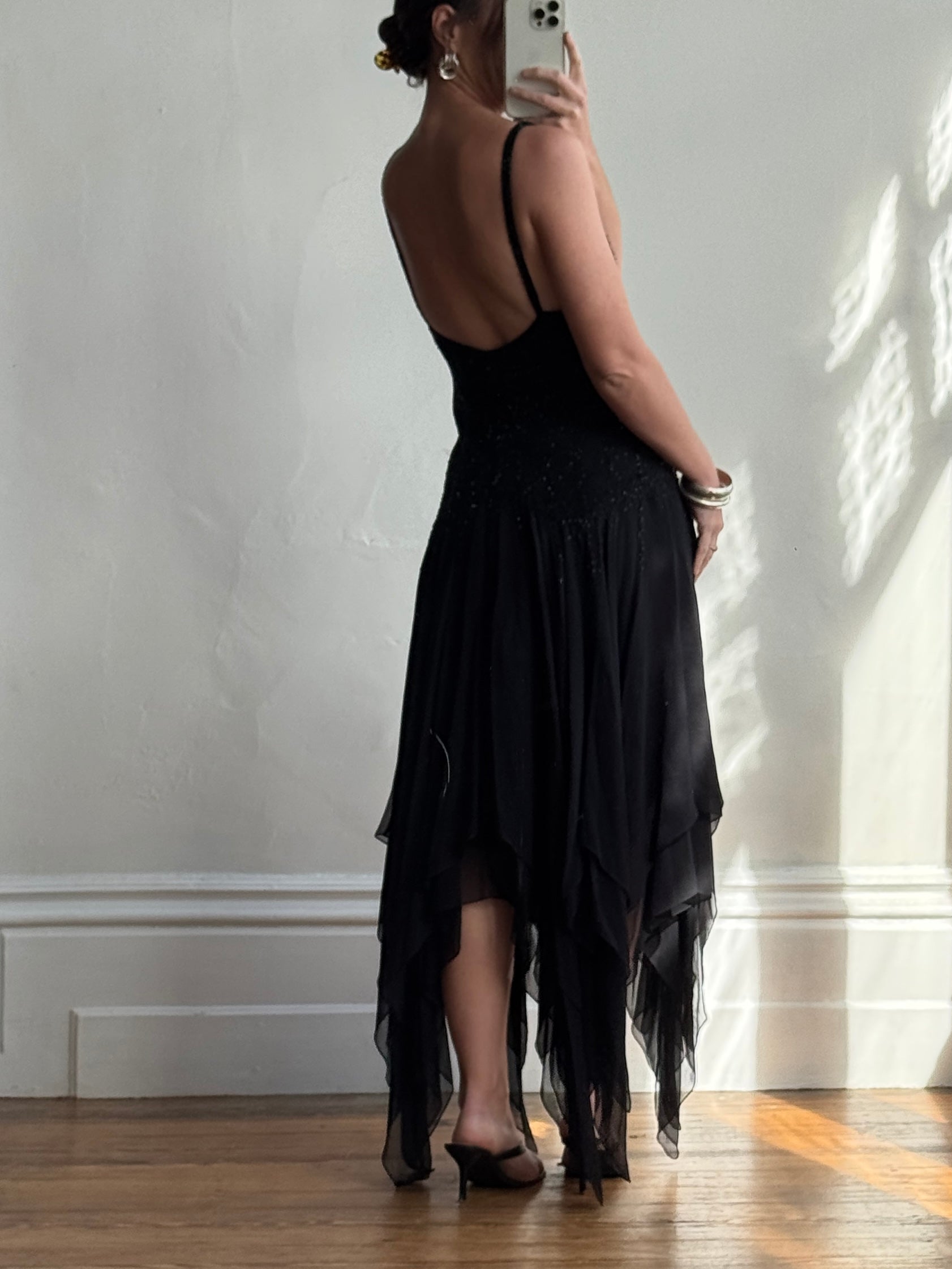 Vintage 90s Pure Silk Backless Beaded Fairy Dress Noir