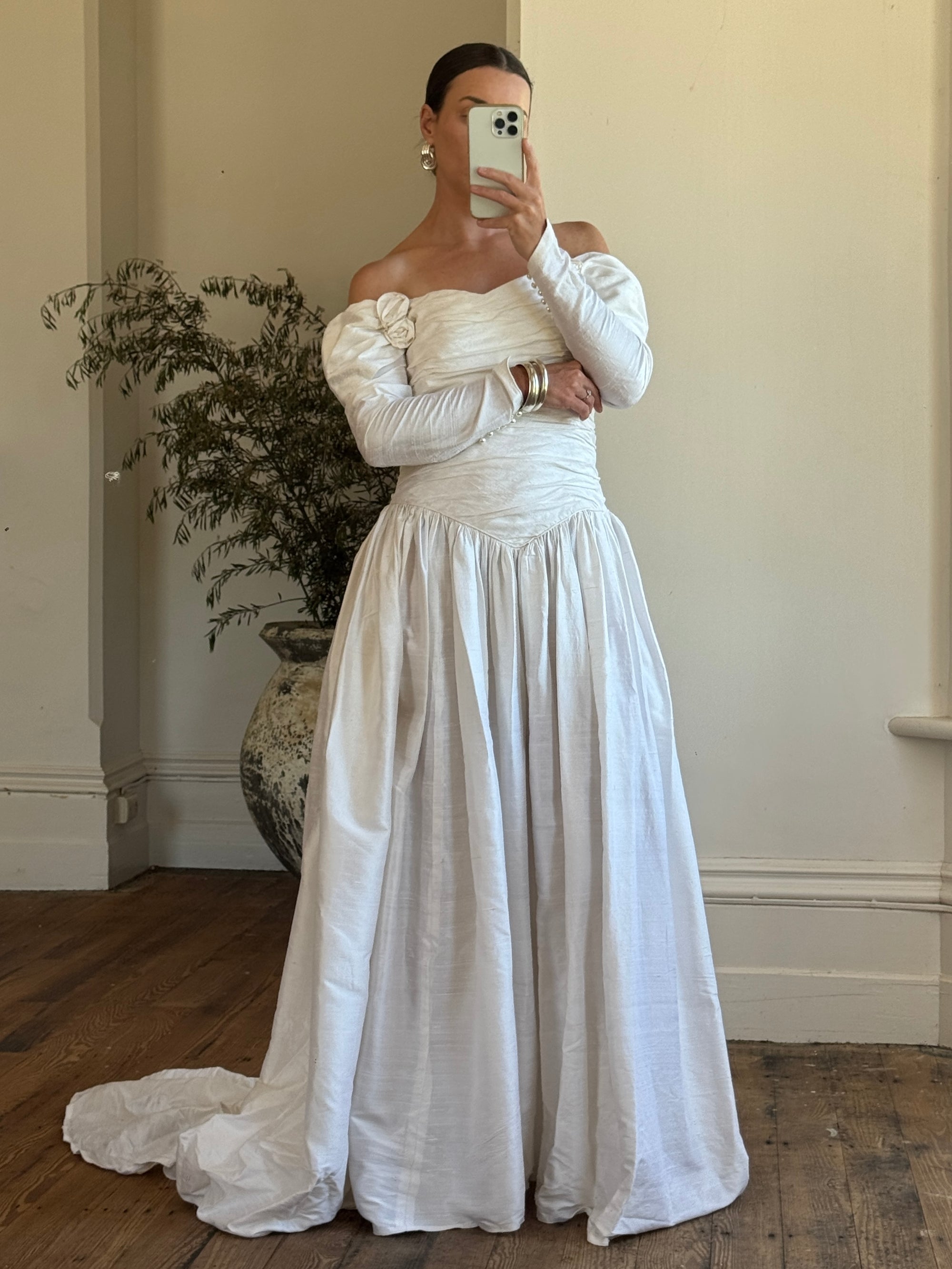 Vintage 90s Pure Silk Rosette Off Shoulder Wedding Gown