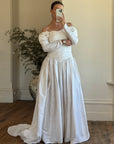 Vintage 90s Pure Silk Rosette Off Shoulder Wedding Gown