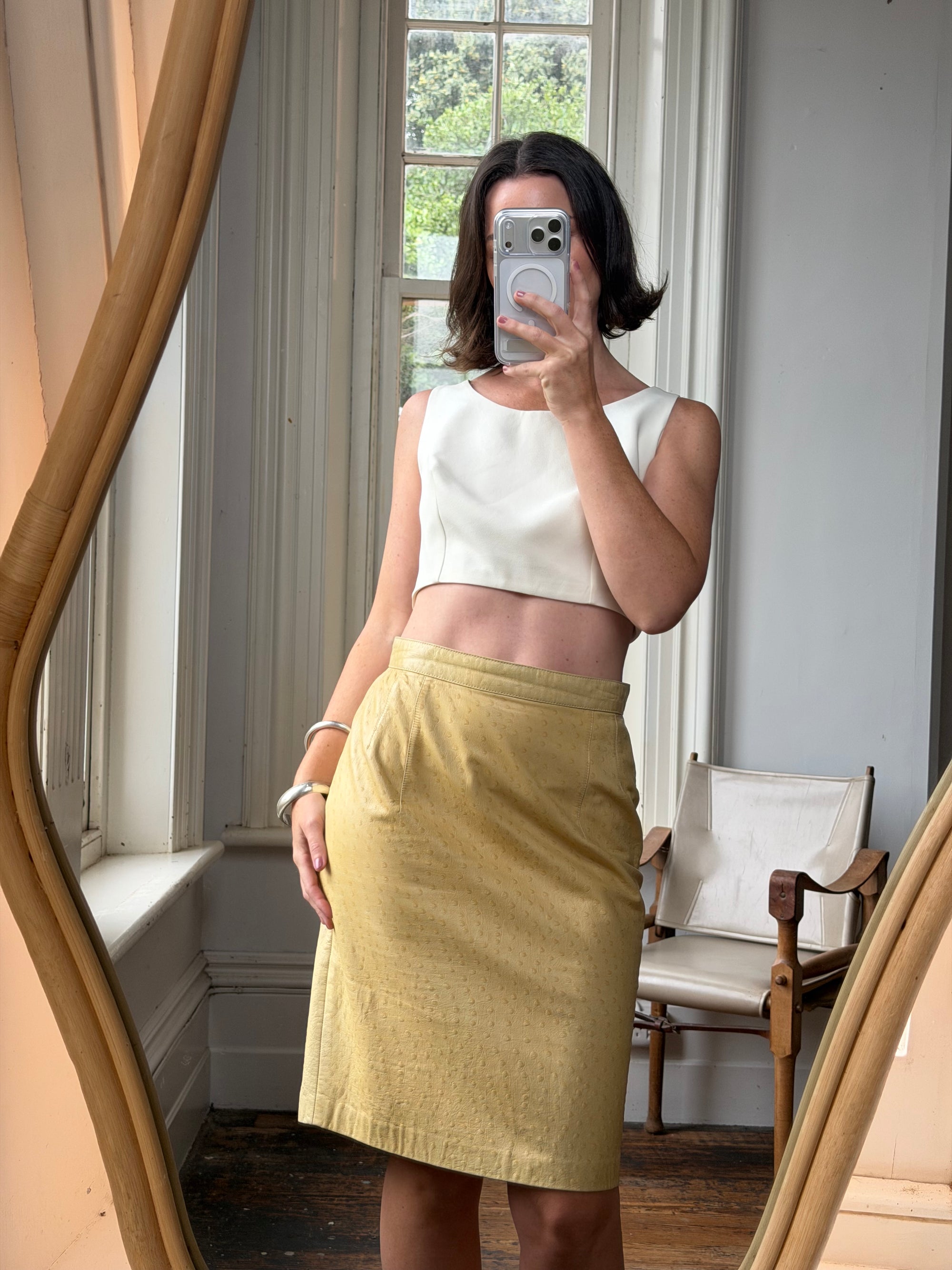 Vintage 90s Escada Butter Ostrich Leather Pencil Skirt