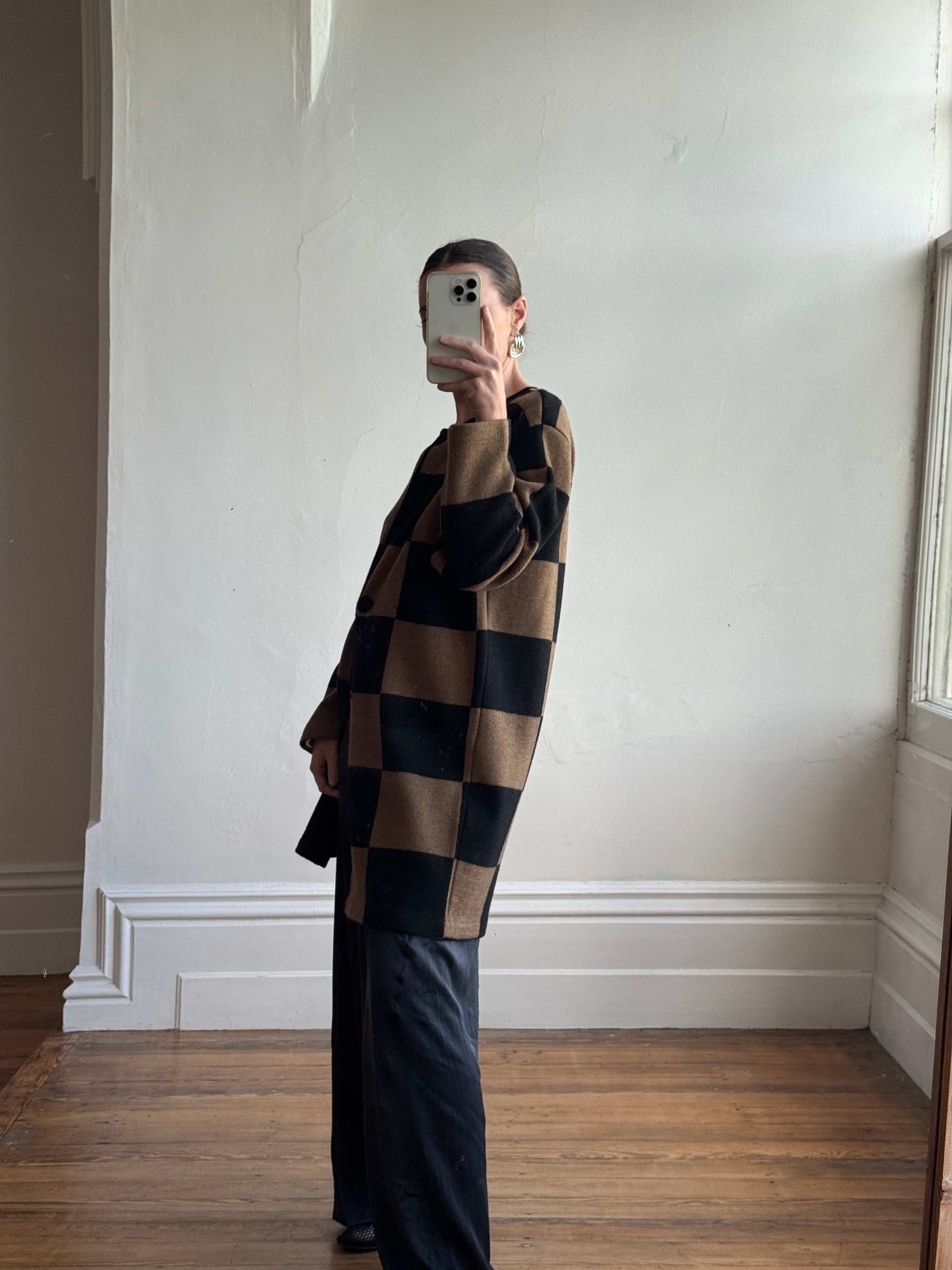 Vintage 80s Pure Wool Checkerboard Oversized Cardi