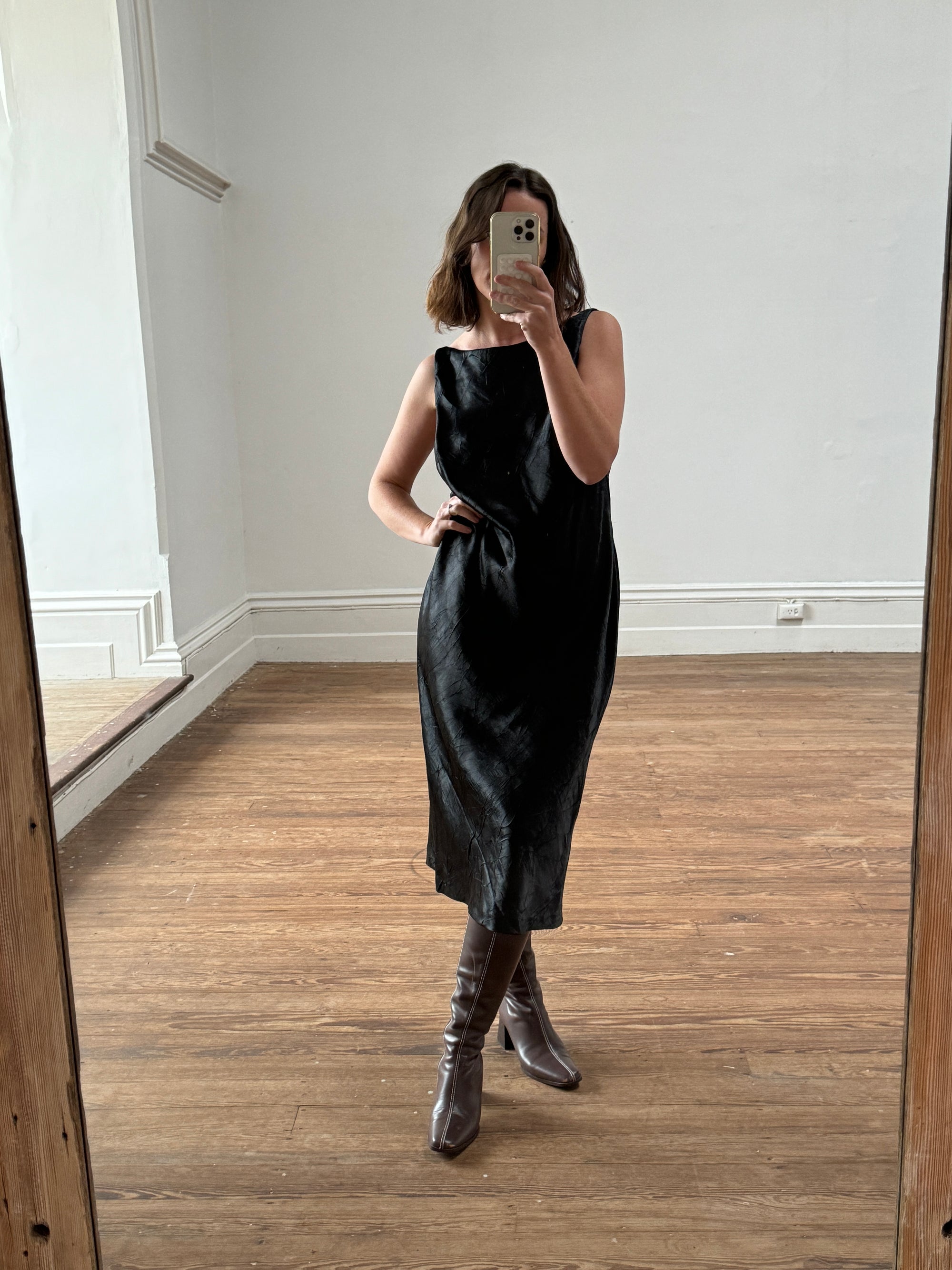 Vintage 90s Black Crinkle Midi Dress