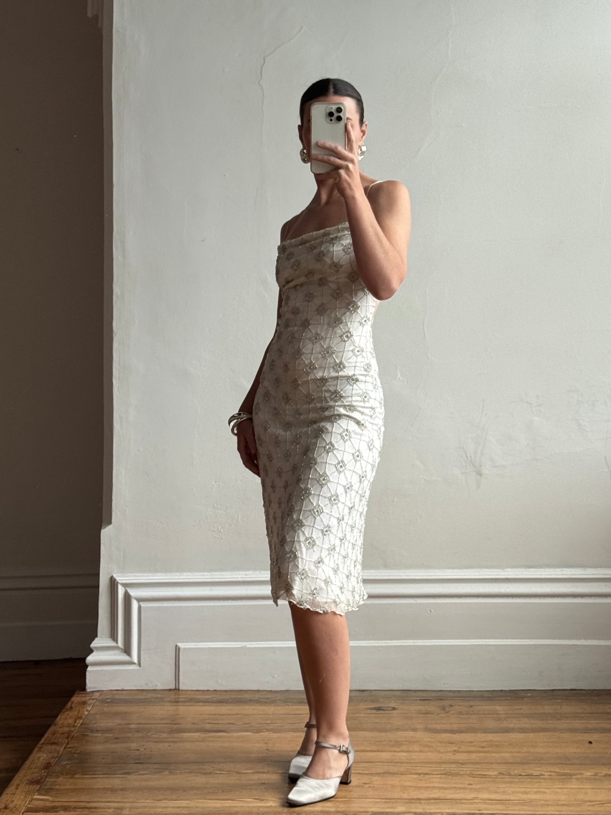 Vintage 90s Pure Silk Silver Beaded Tinsel Dress Ivory