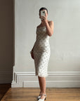 Vintage 90s Pure Silk Silver Beaded Tinsel Dress Ivory