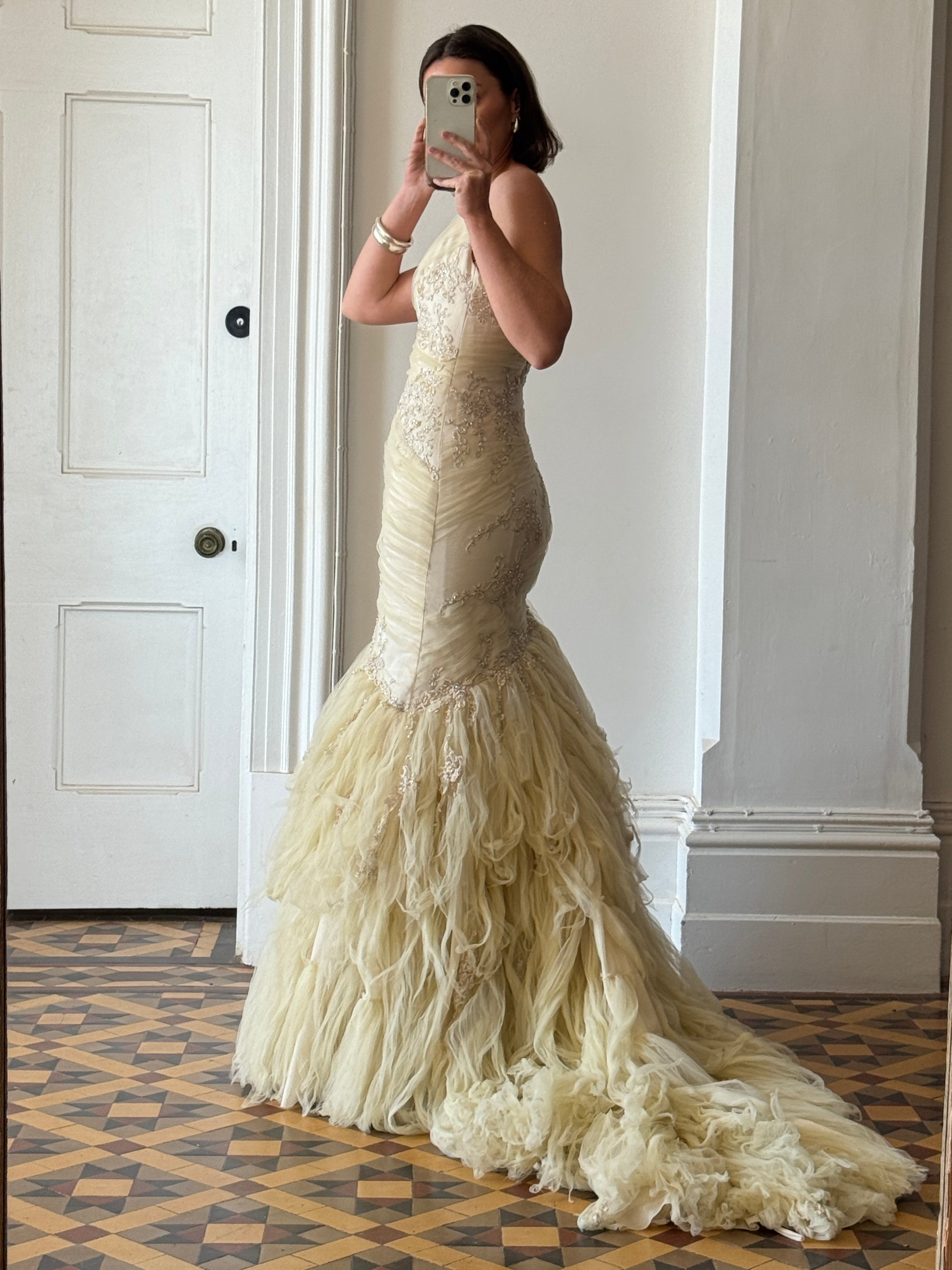 Vintage 90s Fishtail Beaded Tulle Wedding Gown Champagne