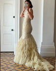 Vintage 90s Fishtail Beaded Tulle Wedding Gown Champagne
