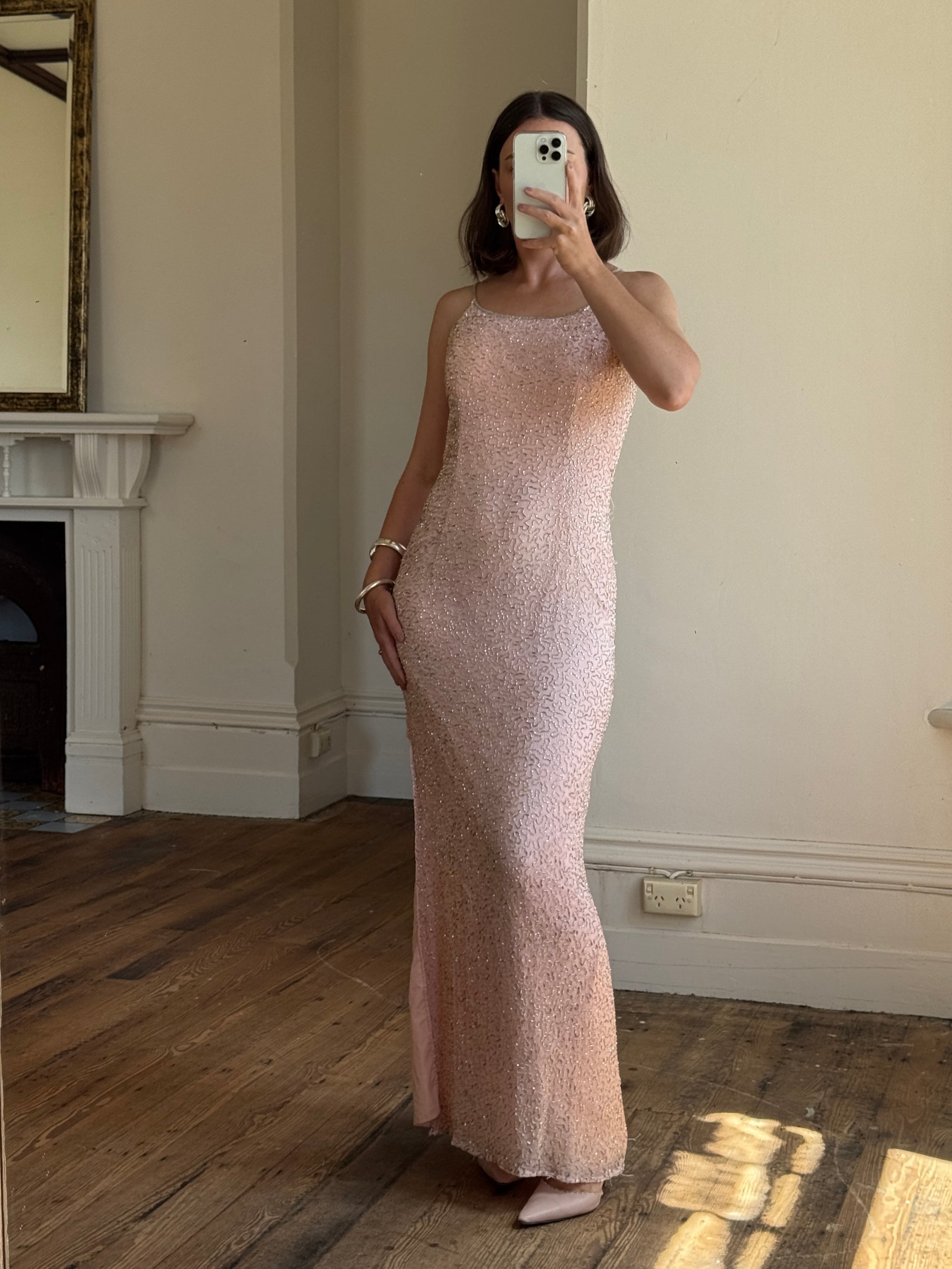 Vintage 90s Beaded Silk Party Dress Blush