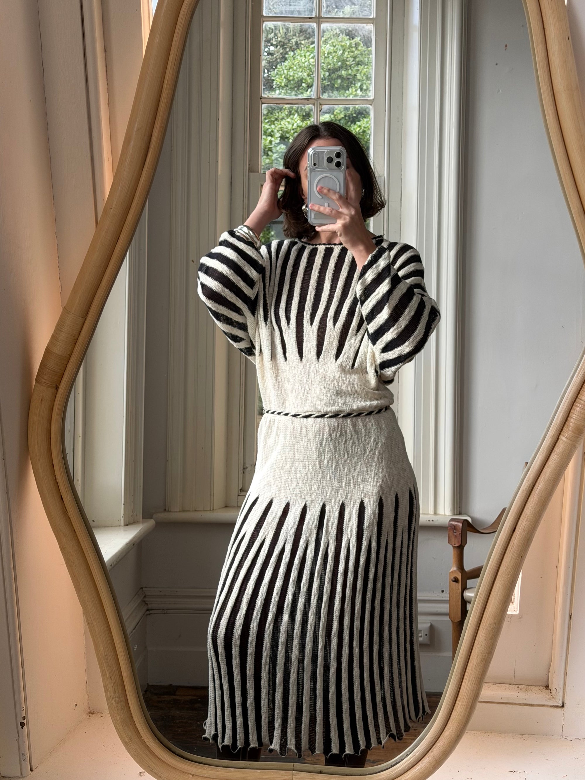 Vintage 70s Knit Batwing Midi Dress Black and Cream