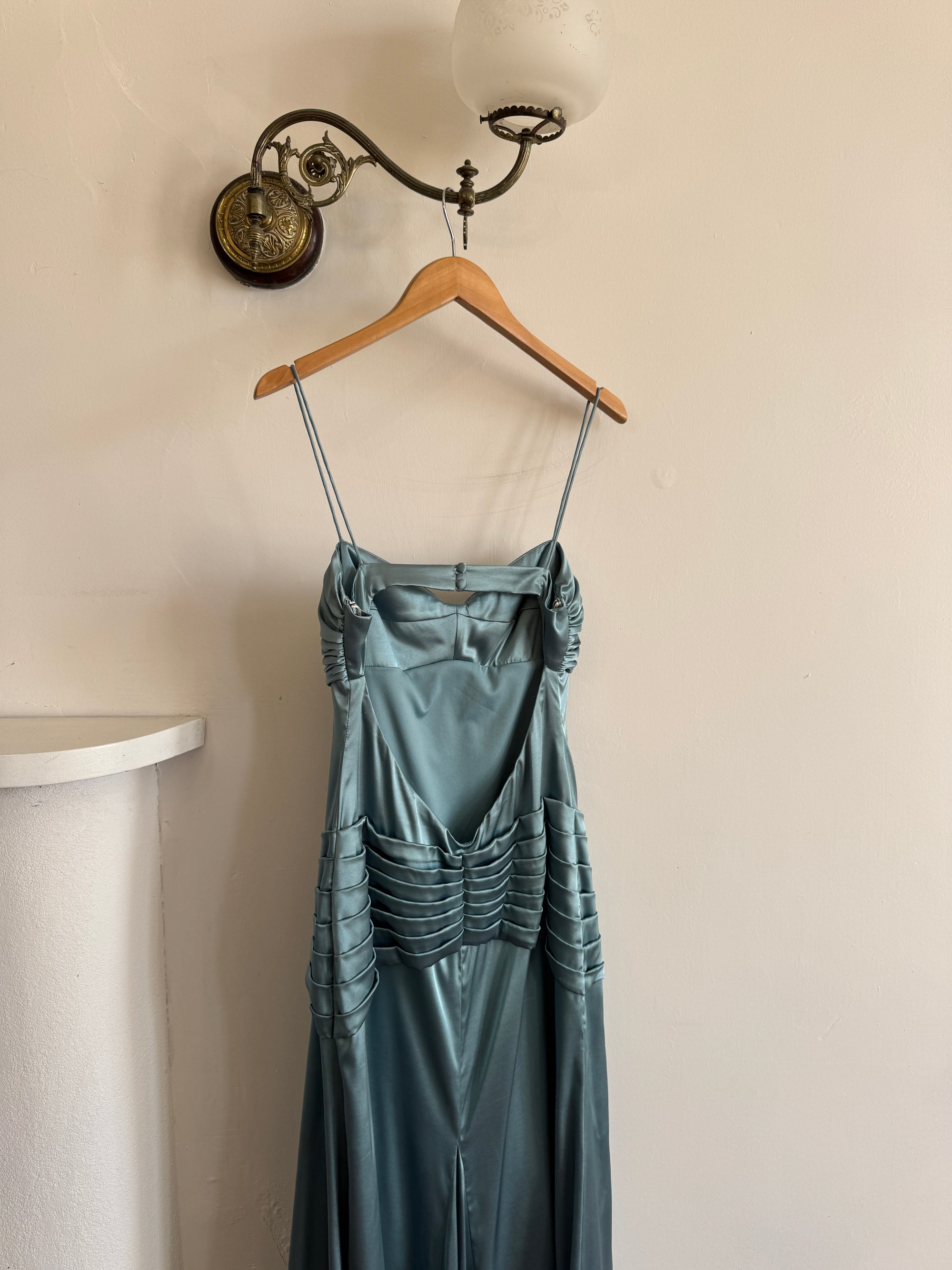 Vintage 90s Teal Satin High Low Prom Dress