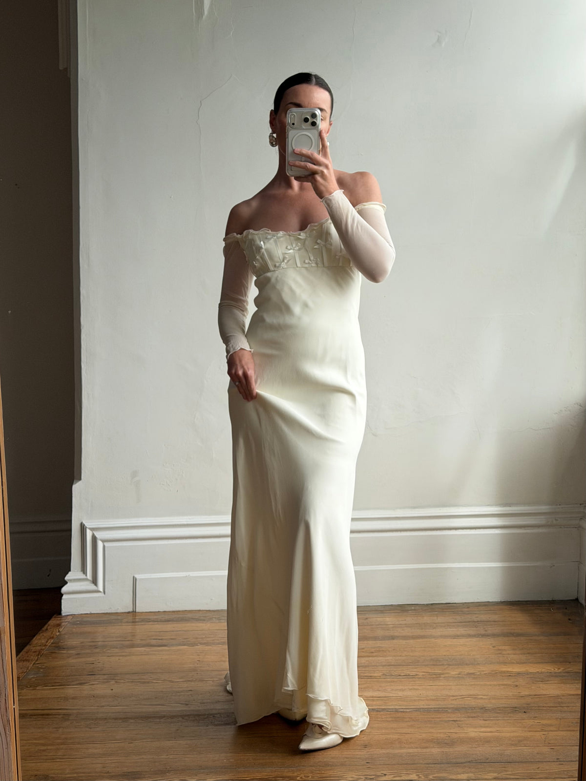 Vintage 90s Pure Silk Chiffon Empire Bow Off Shoulder Wedding Dress