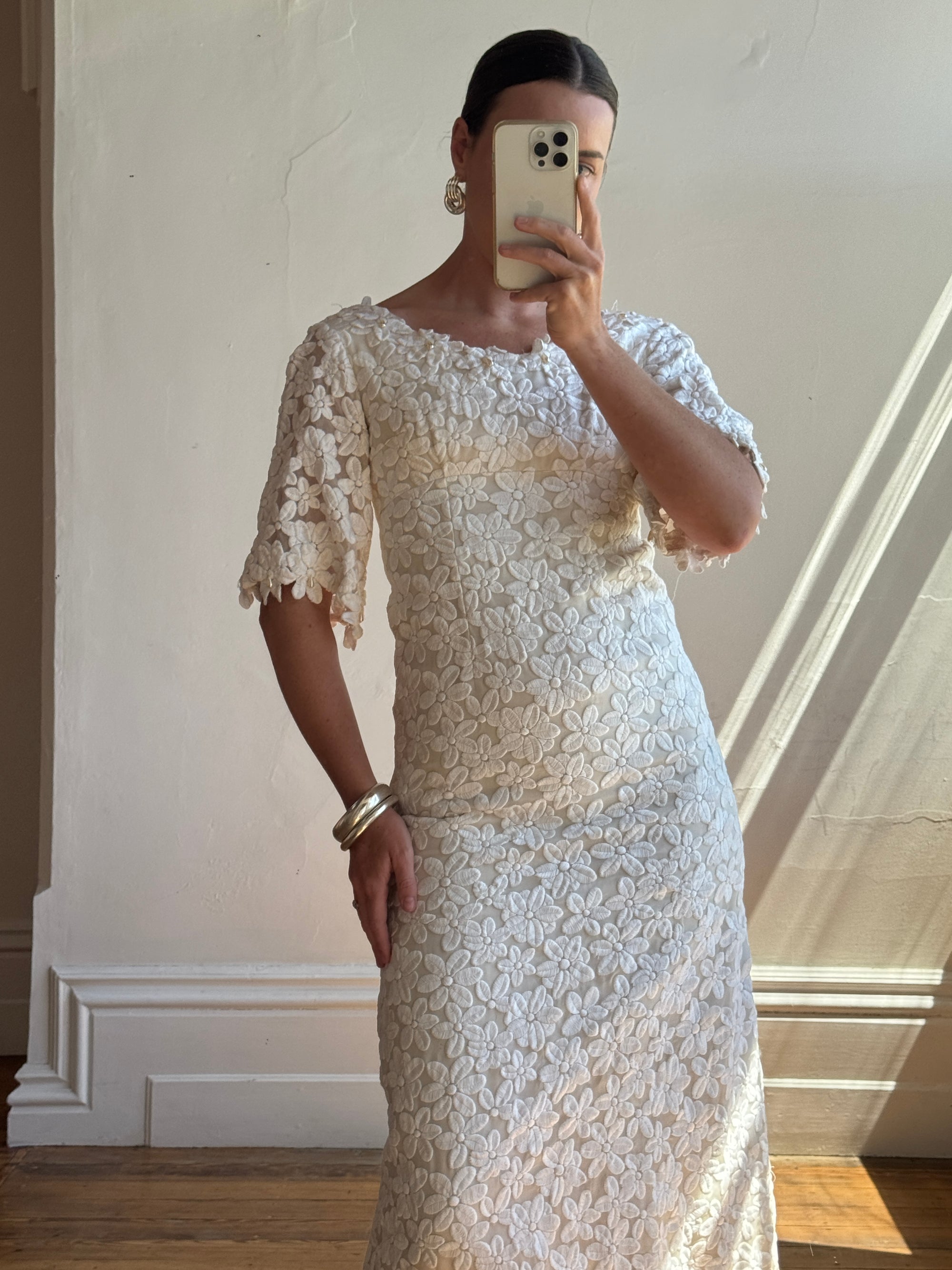 Vintage 60s Embroidered Floral Bridal Midi