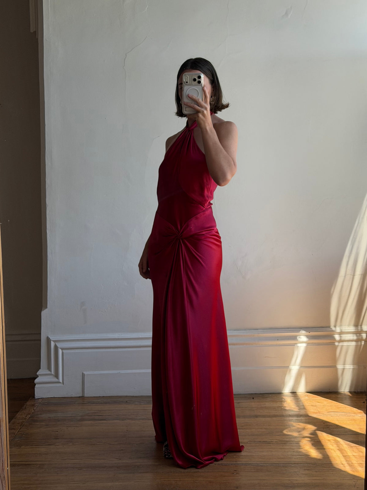 Vintage 90s Crimson Satin Ruched Bias Gown