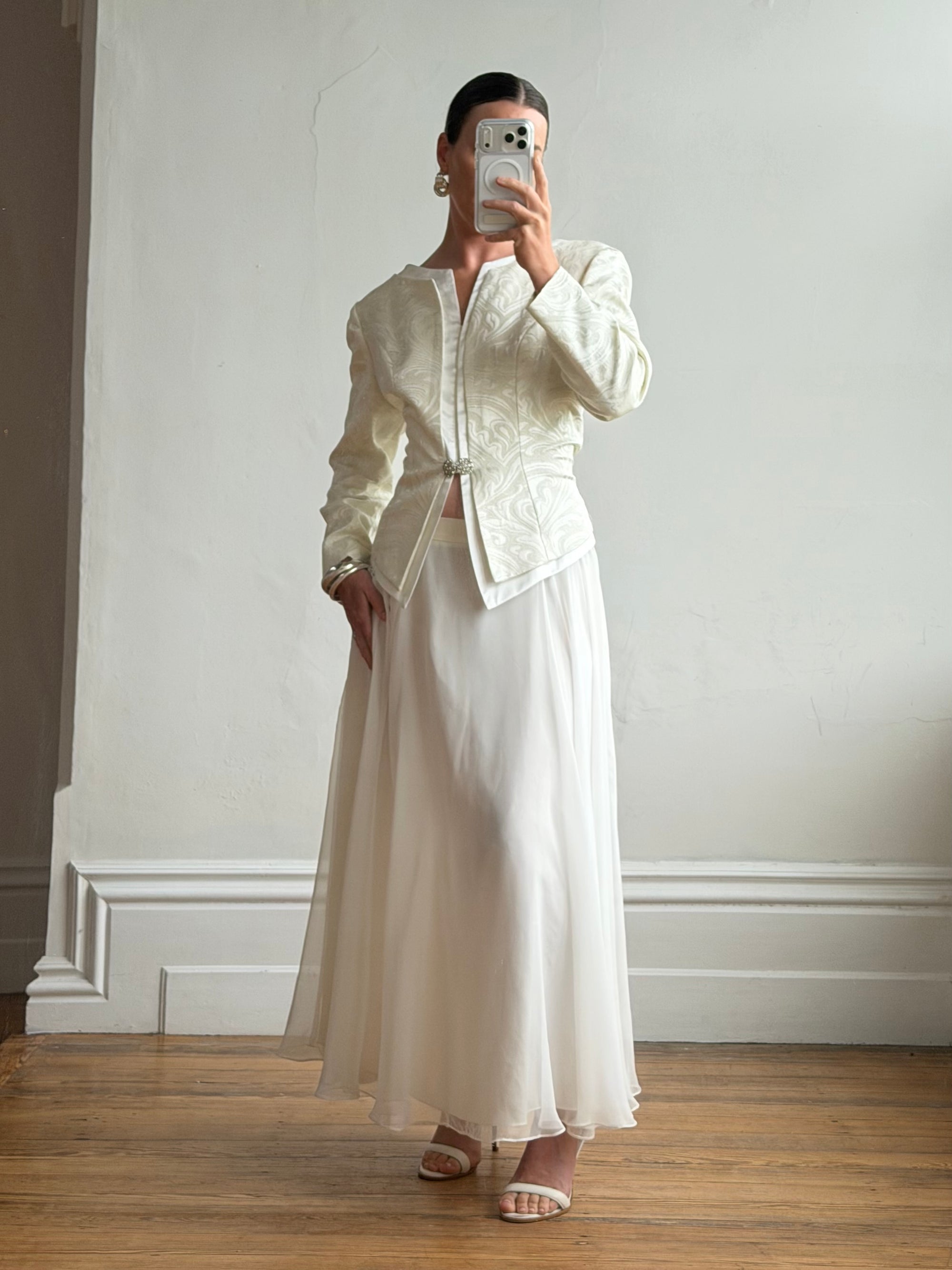 Vintage 90s Jacquard Rhinestone Jacket and Chiffon Bridal Skirt Set