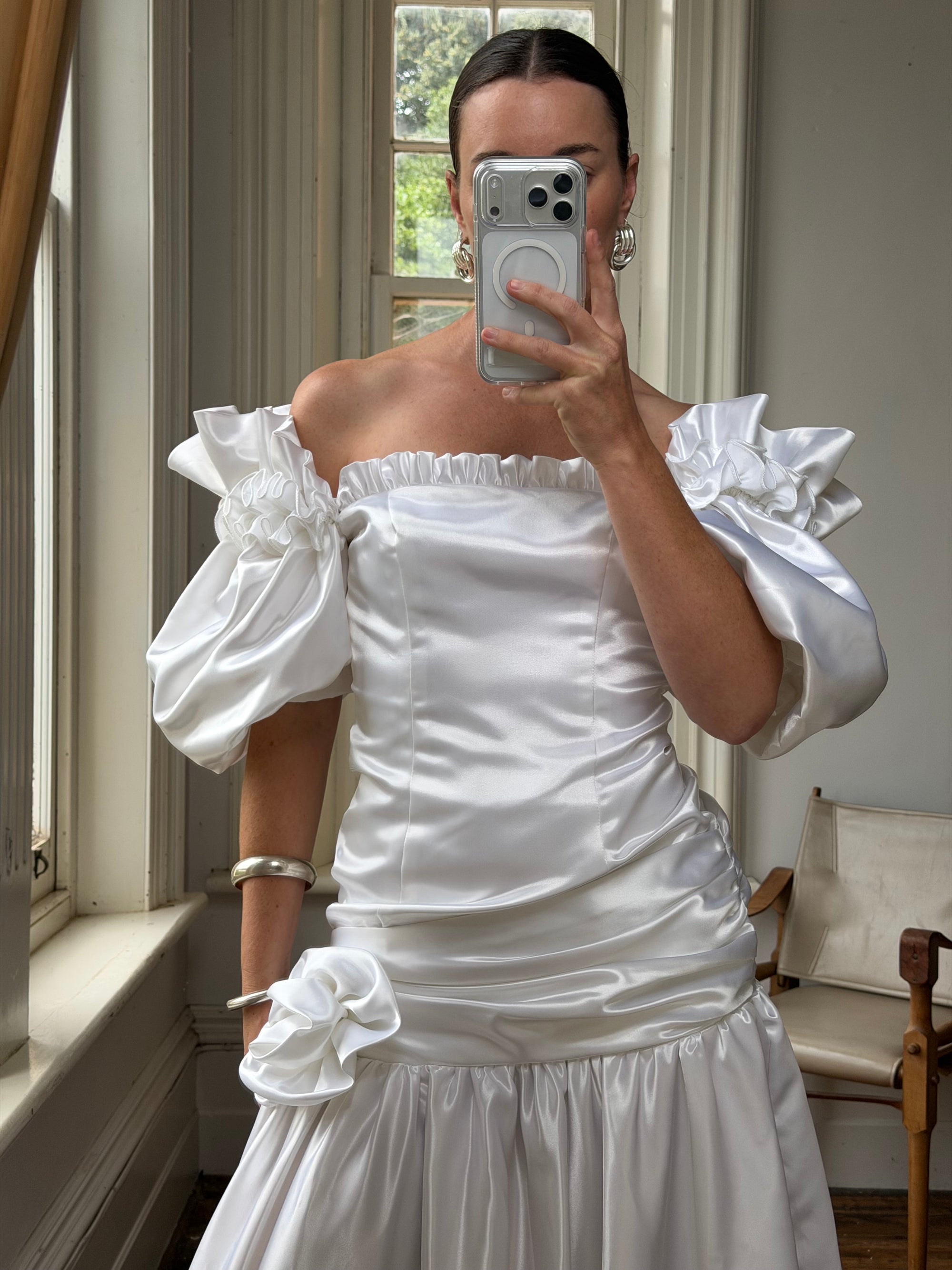 Vintage 80s Satin Drop Waist Wedding Gown