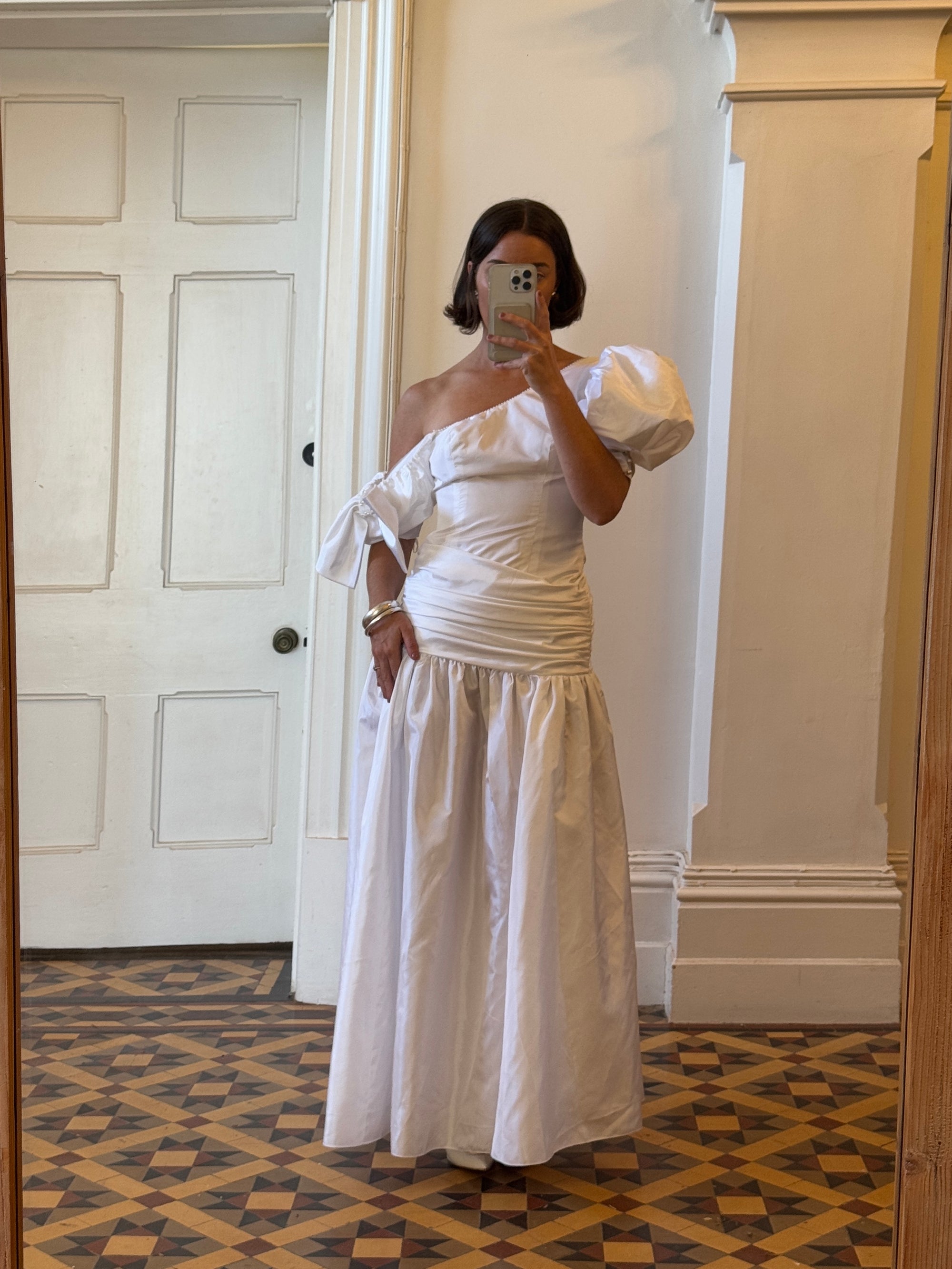 Vintage 80s Asymmetrical Taffeta Drop Waist Wedding Dress