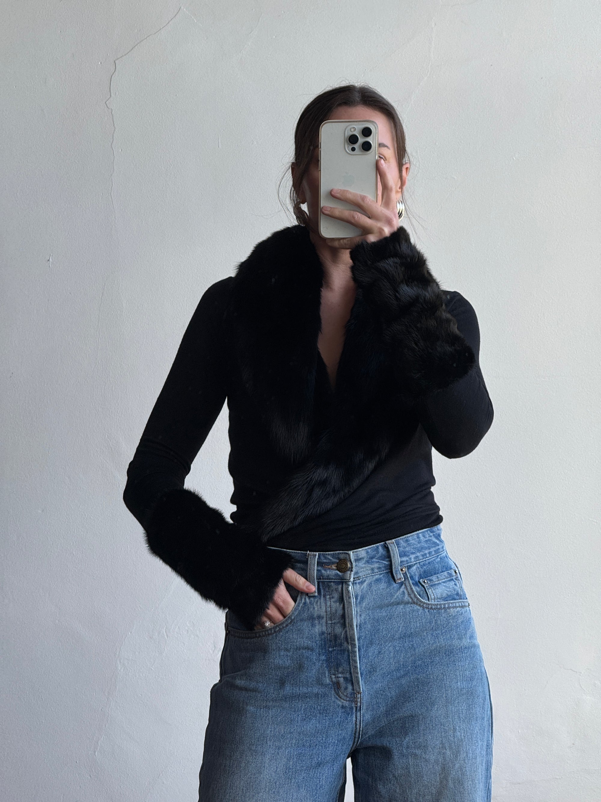 Vintage 90s Rare Plein Sud Wool Blend Knit with Fur Collar and Cuffs