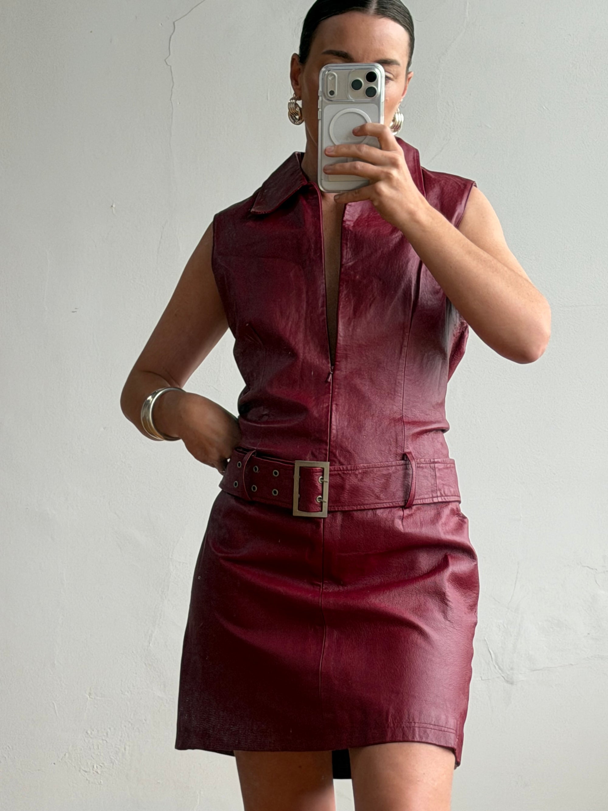 90s leather dress Vintage 90s Burgundy Leather Zip Front Dress – Call Me The Breeze