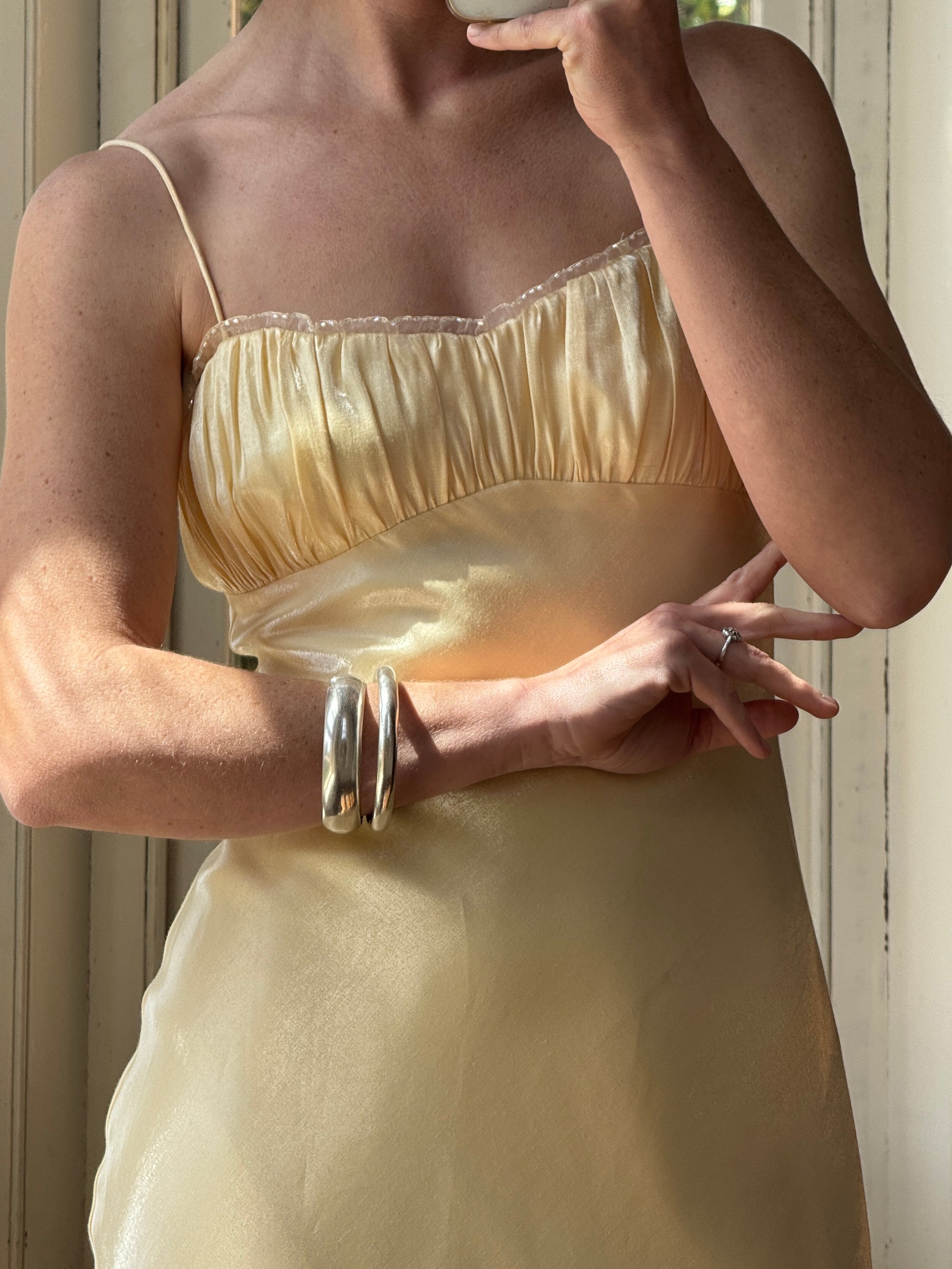 Vintage 90s Butter Yellow Organza Bias Slip Dress