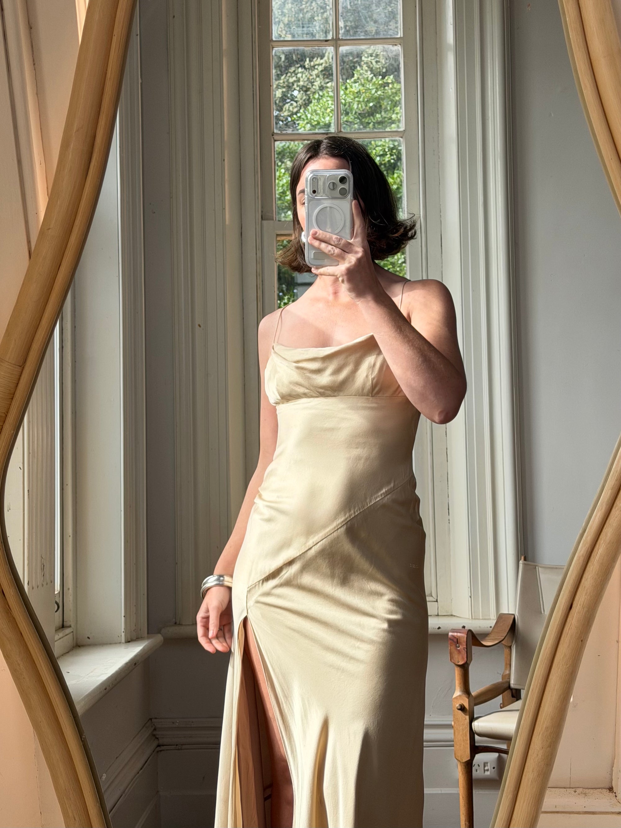 Vintage 90s Pure Silk Bias Cut Split Gown Champagne