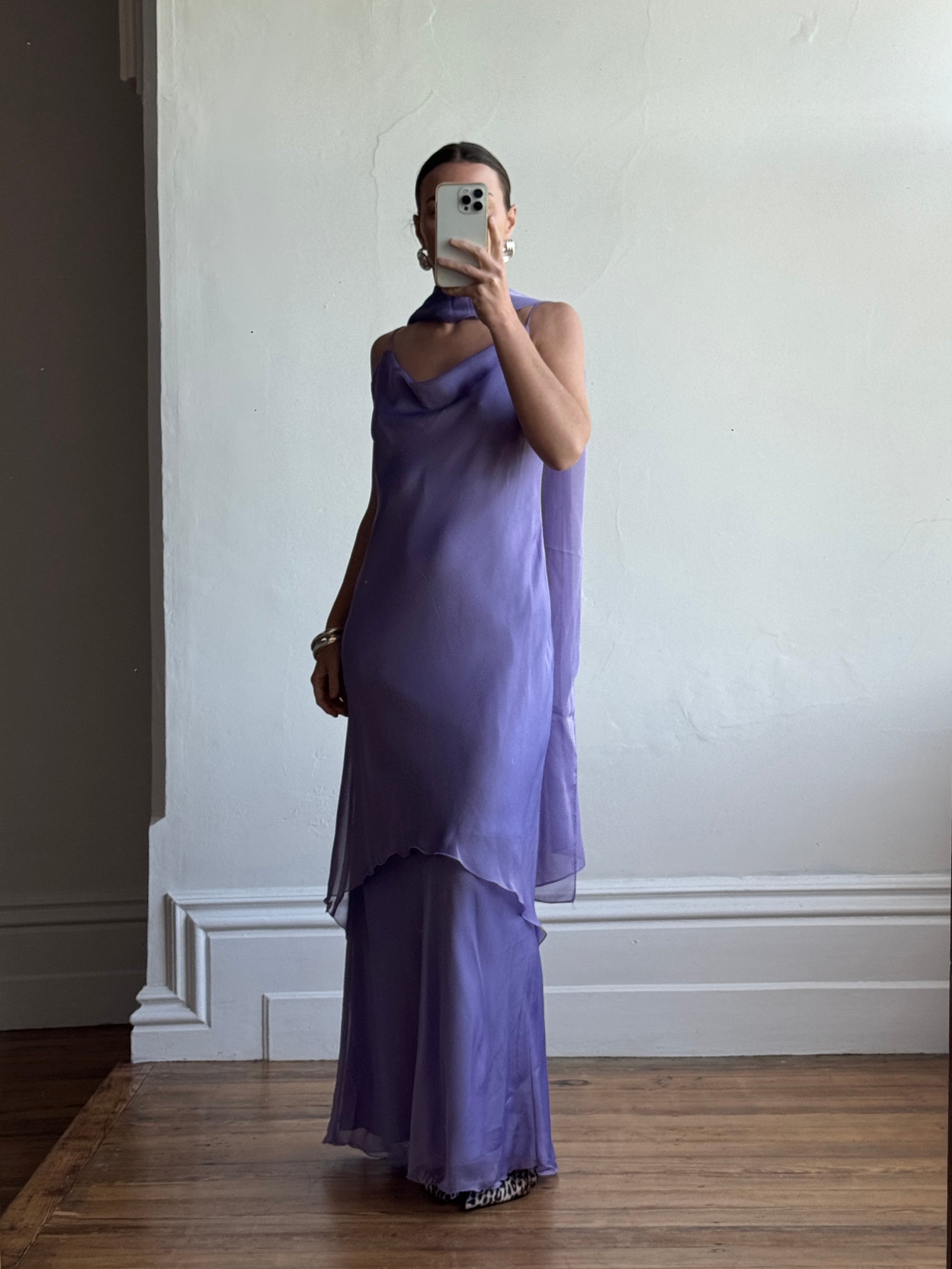 Vintage 90s Lilac Cowl Tiered Slip Dress with Scarf Call Me The Breeze Vintage 90s Lilac Cowl Tiered Slip Dress with Scarf Call Me The Breeze