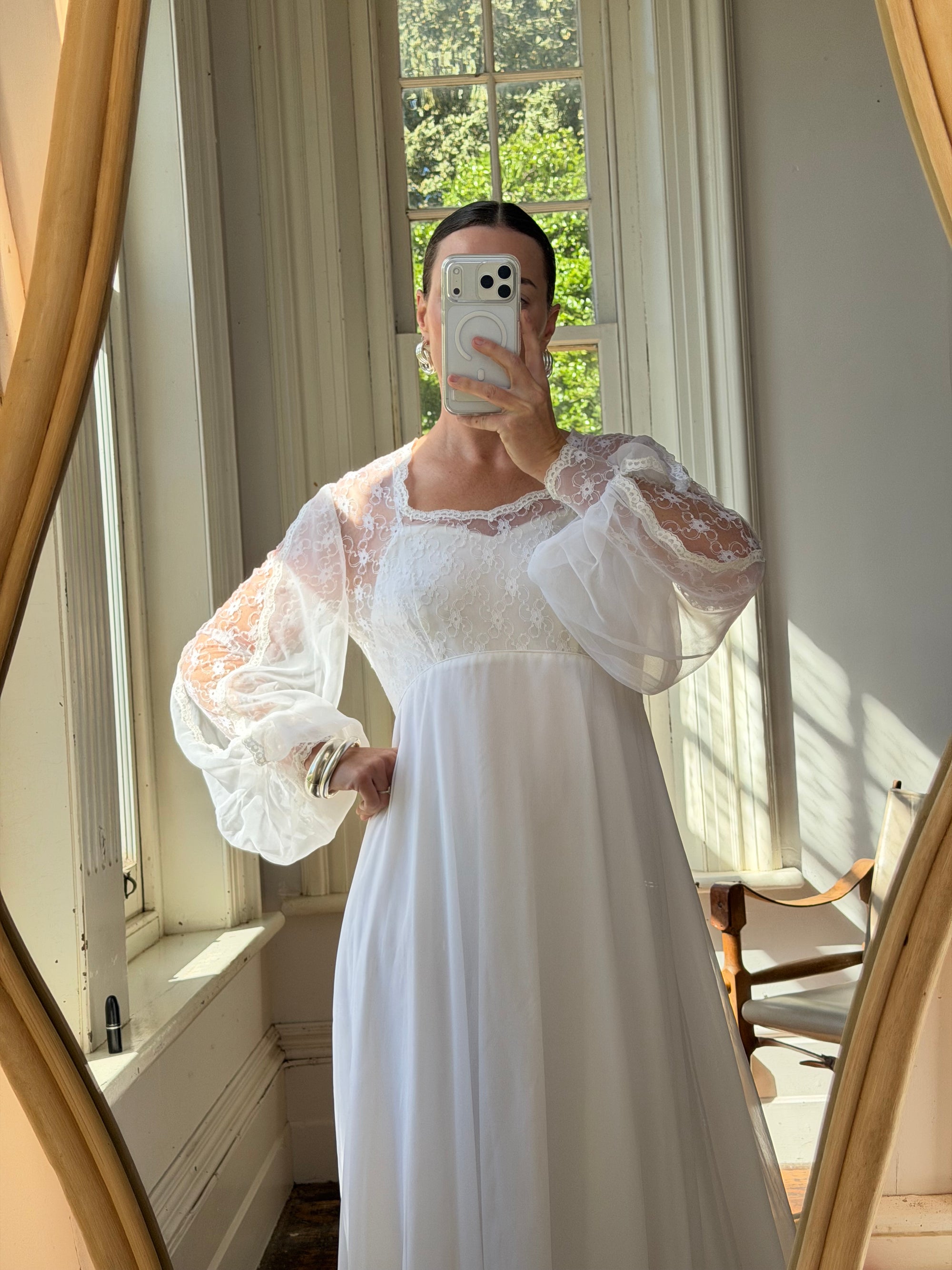 Vintage 60s Poet Sleeve Chiffon Wedding Gown