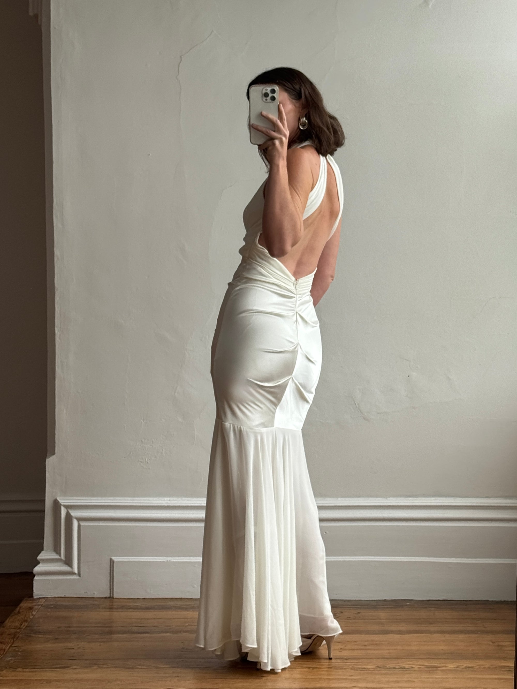 Vintage Y2K USA Made Mermaid Satin Fluted Dress Ivory