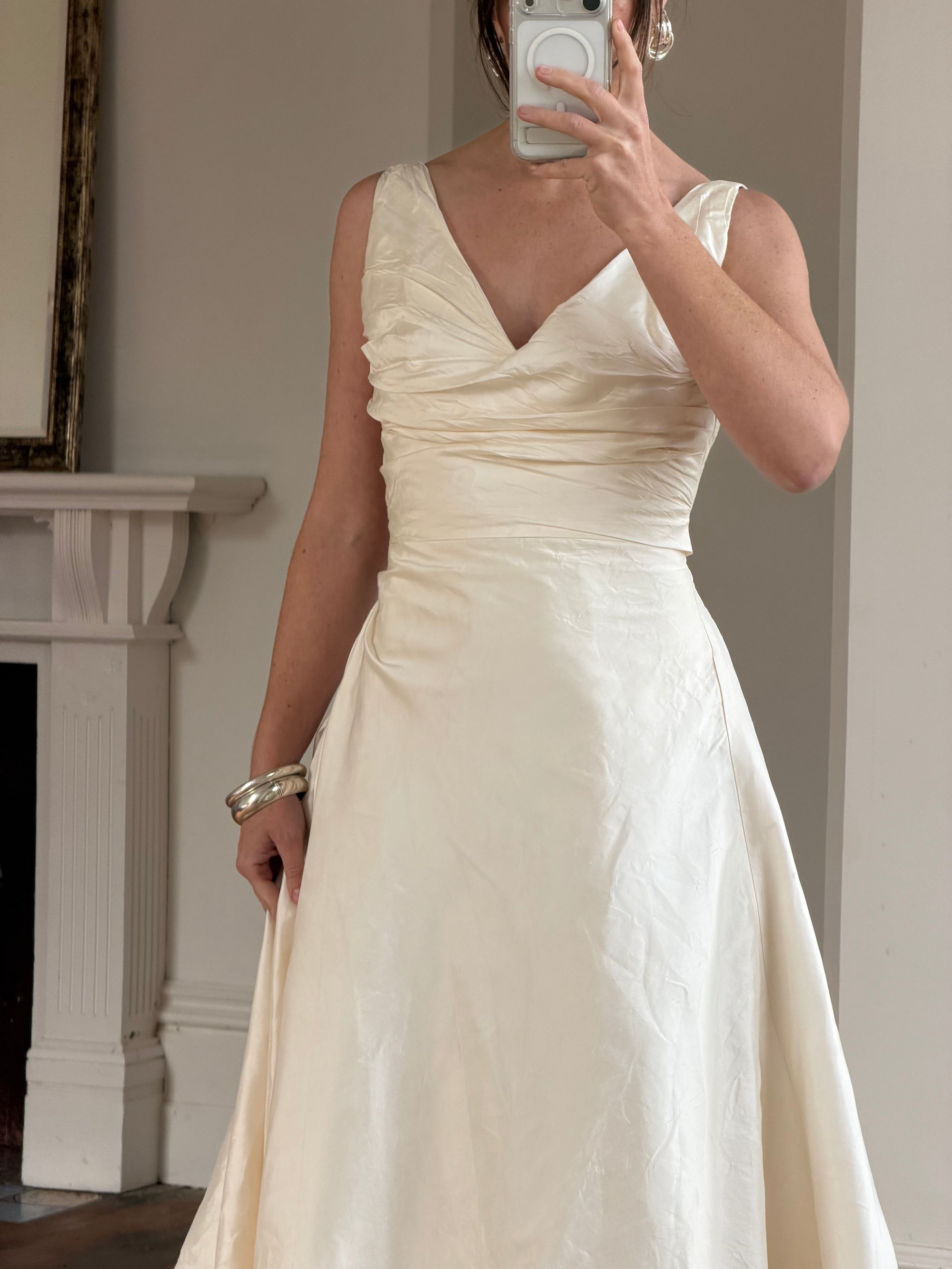 Vintage 90s Ivory Silk V-Neck A-Line Wedding Gown