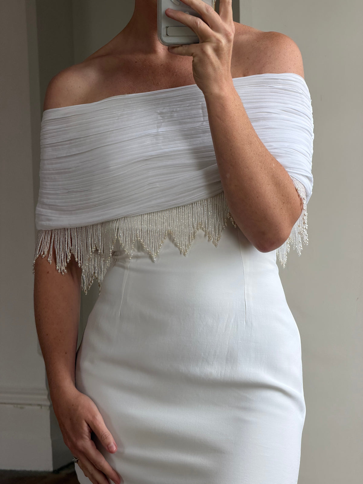 Vintage 90s White Pleated Beaded Fringe Mini Dress