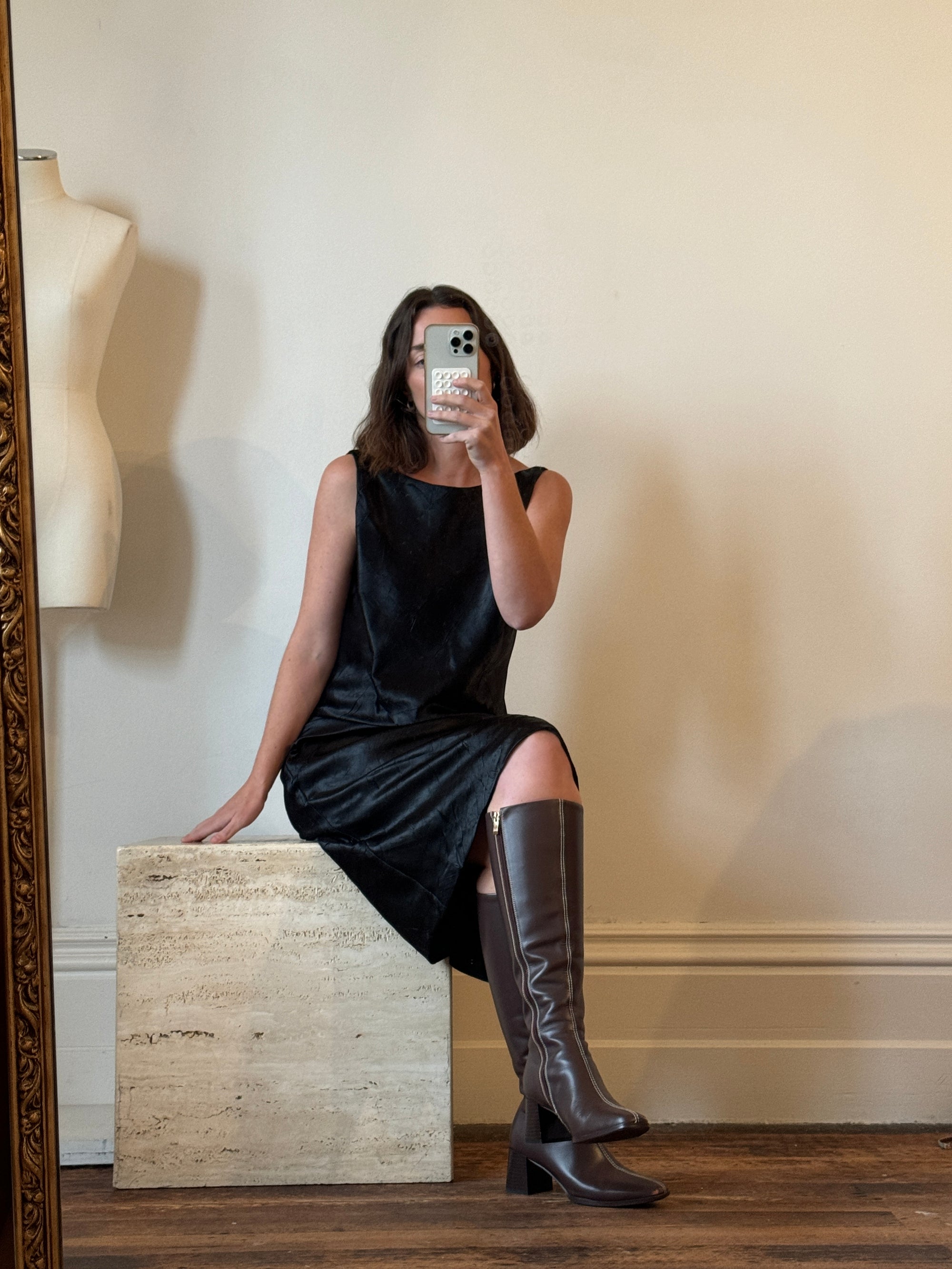 Vintage 90s Black Crinkle Midi Dress