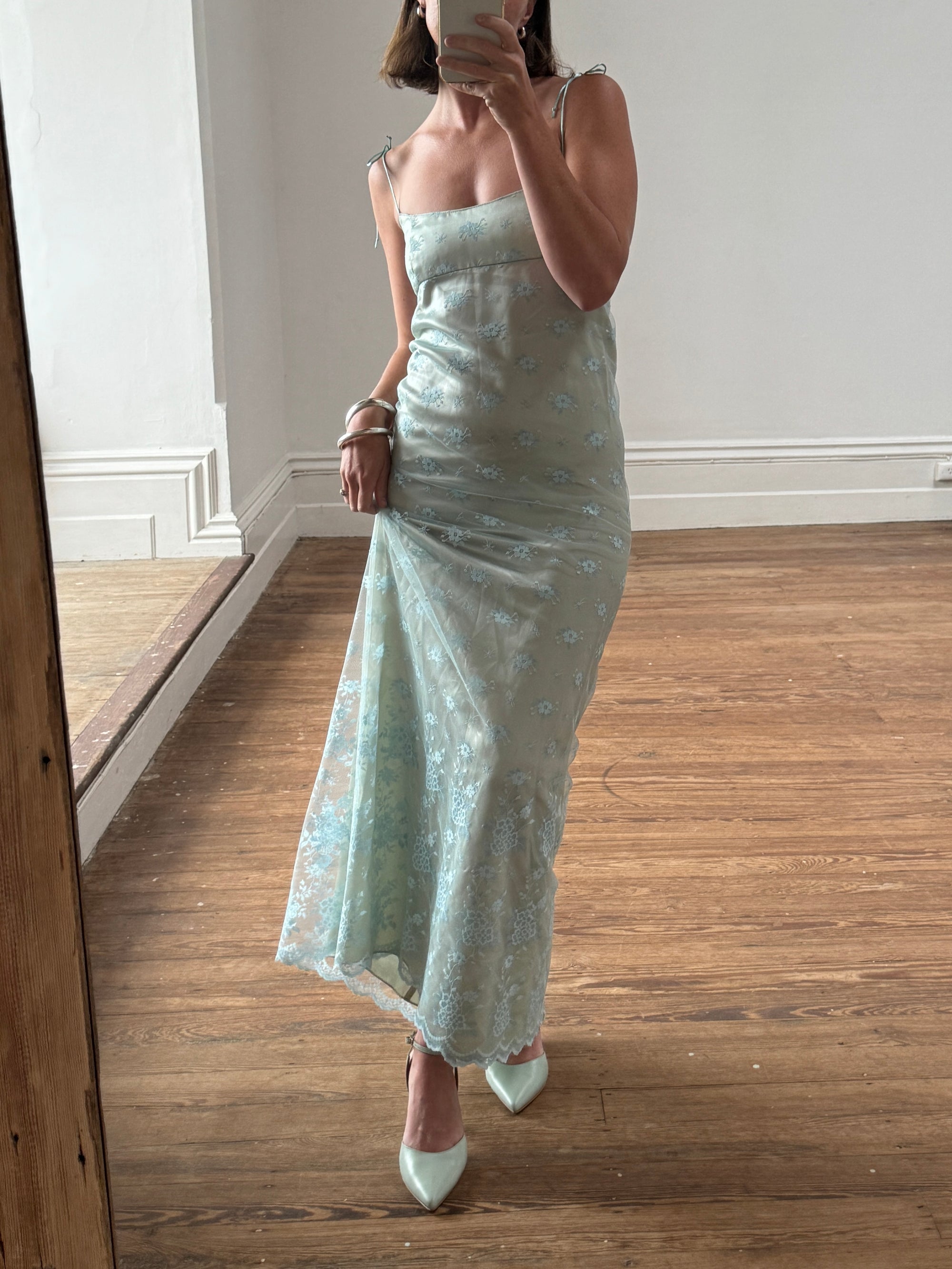 Vintage 90s Jenny Bannister Lace Mesh Prom Dress Baby Blue