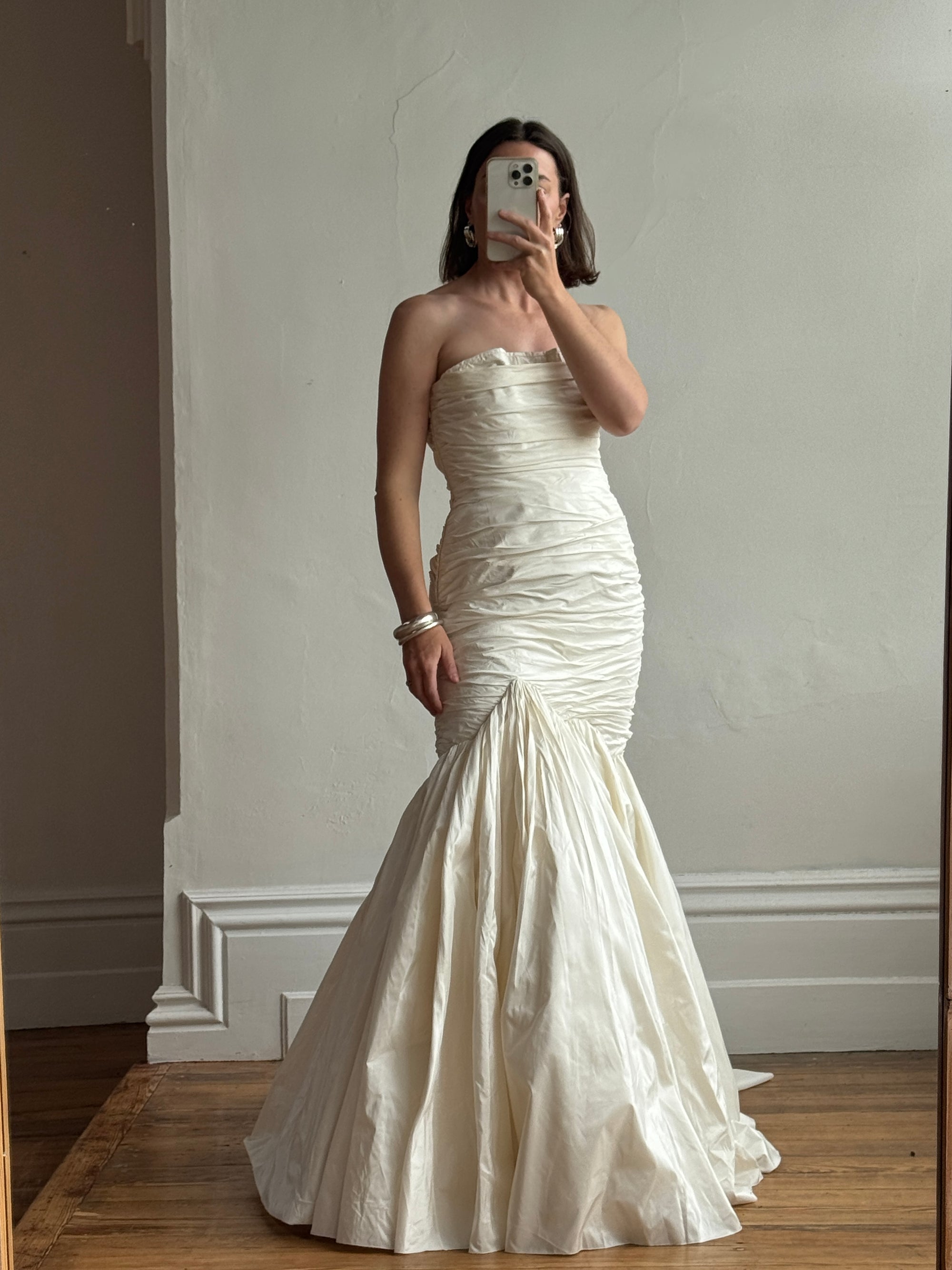Vintage Y2K Pure Silk Taffeta Gathered Fishtail Wedding Gown