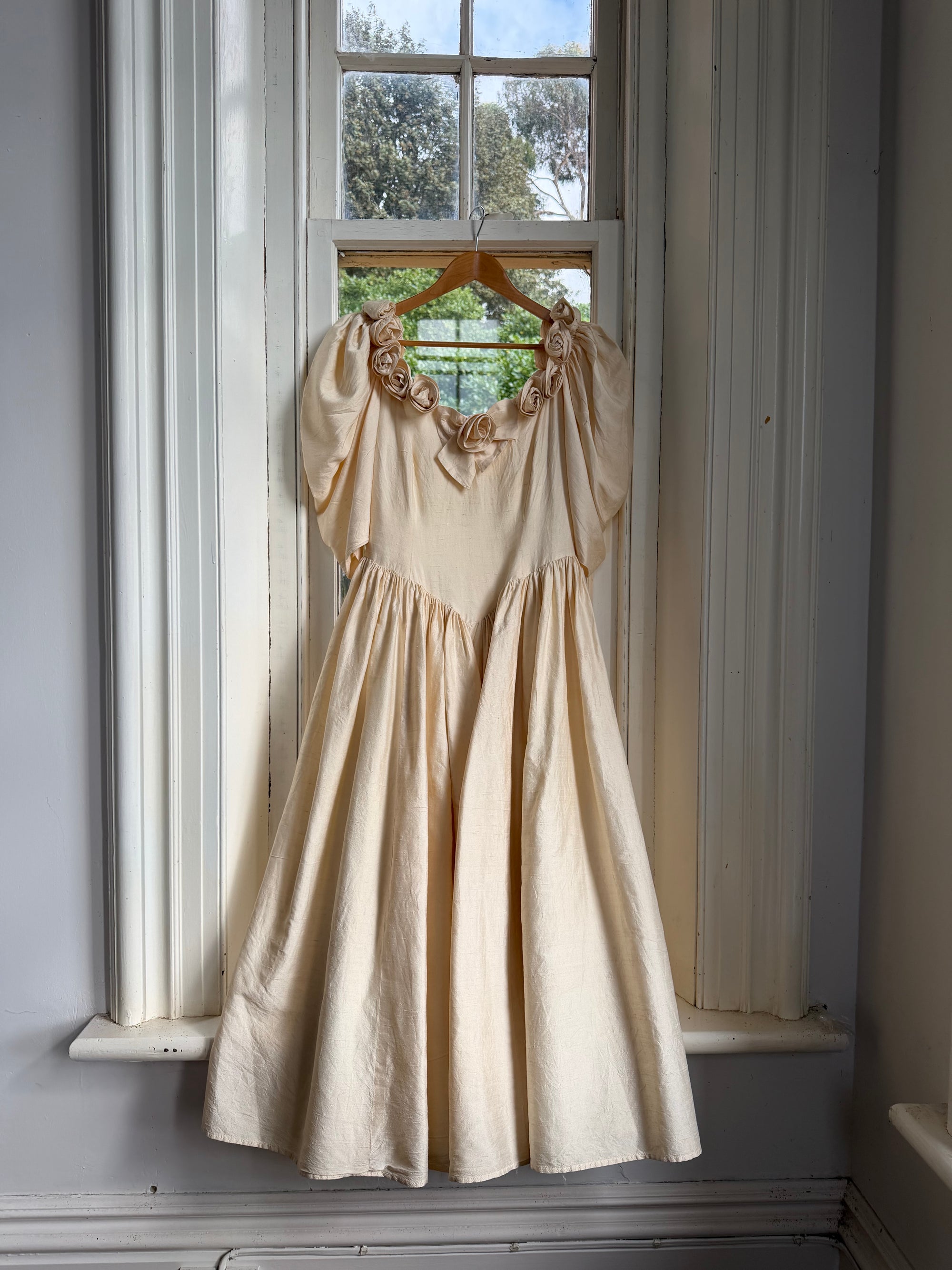 Vintage 90s Silk Dupion Rosette Bridal Midi Gown