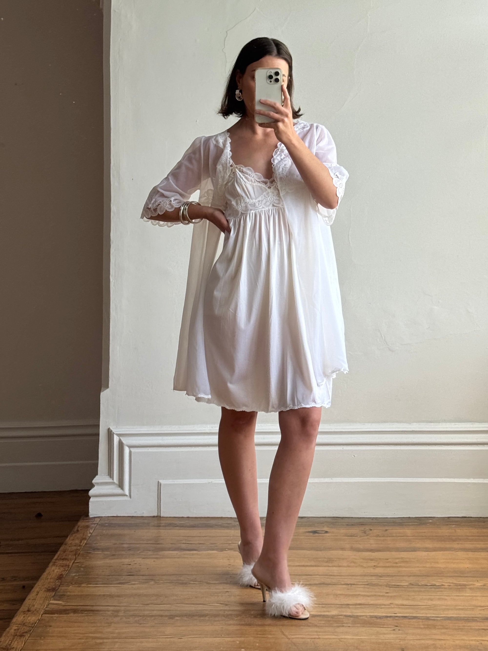 Vintage 80s Wedding Morning Lace Peignoir and Slip Set