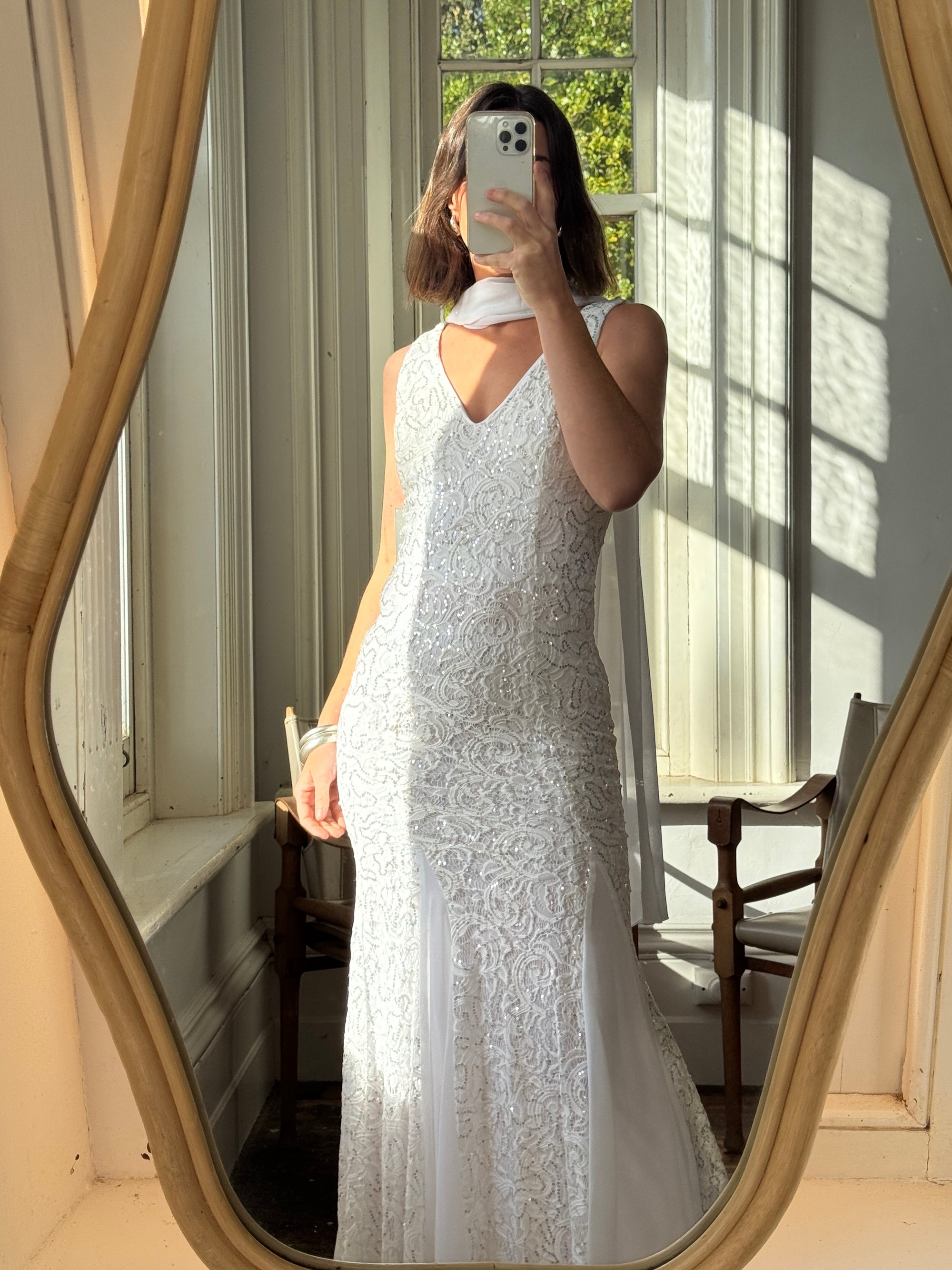 Vintage 90s Silver Sequin Fairy Wedding Dress With Scarf