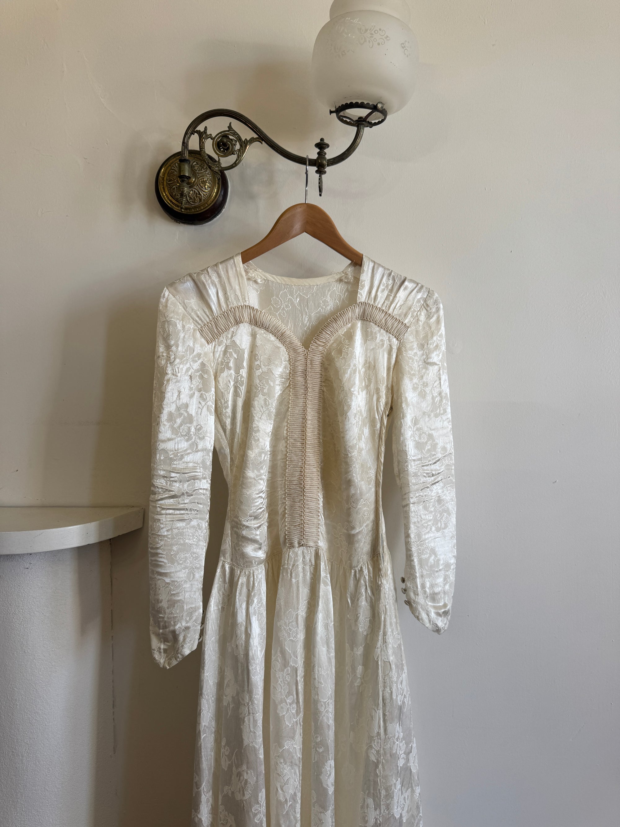 Vintage 40s Jacquard Long Sleeve Wedding  Dress