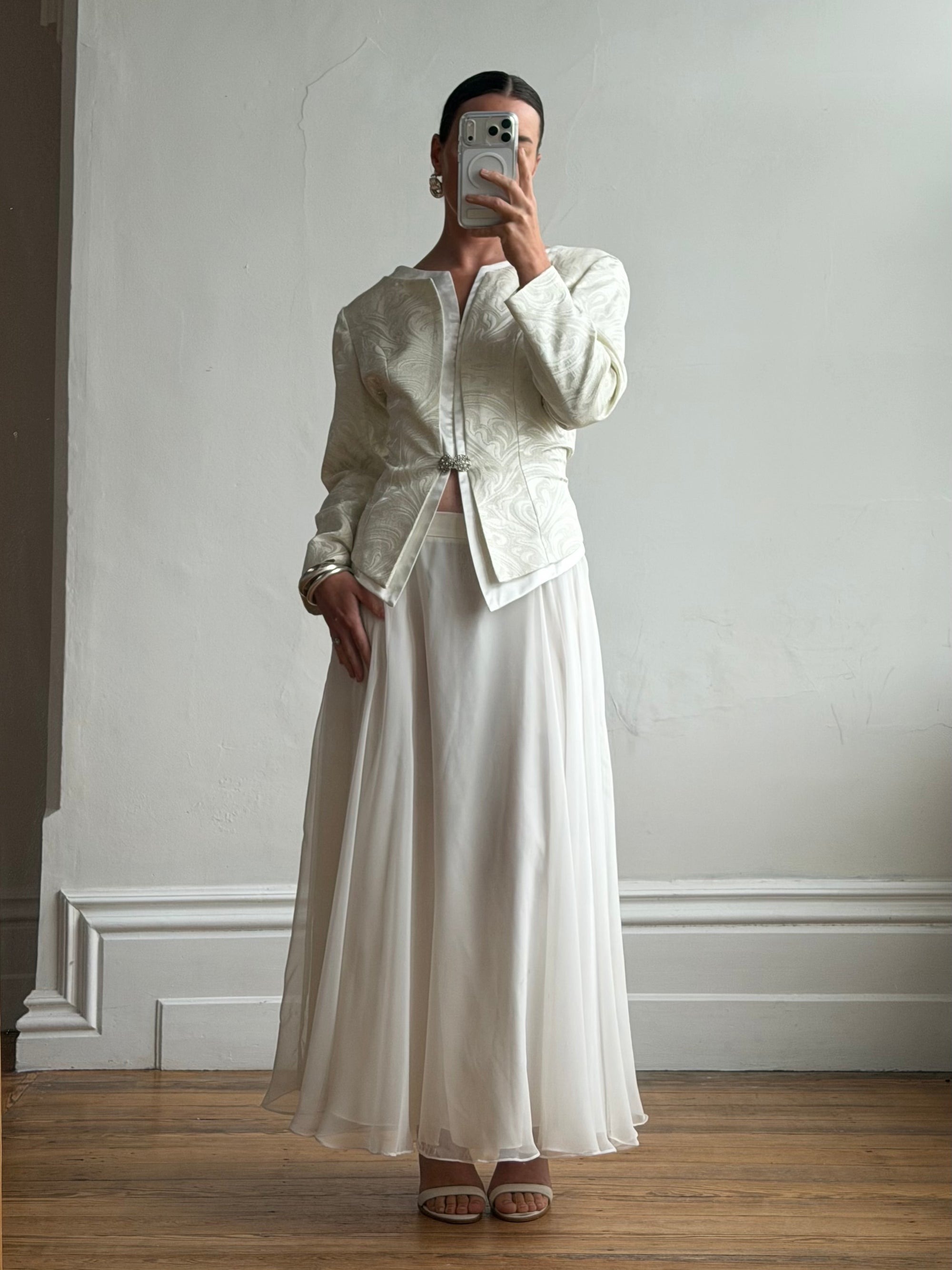 Vintage 90s Jacquard Rhinestone Jacket and Chiffon Bridal Skirt Set