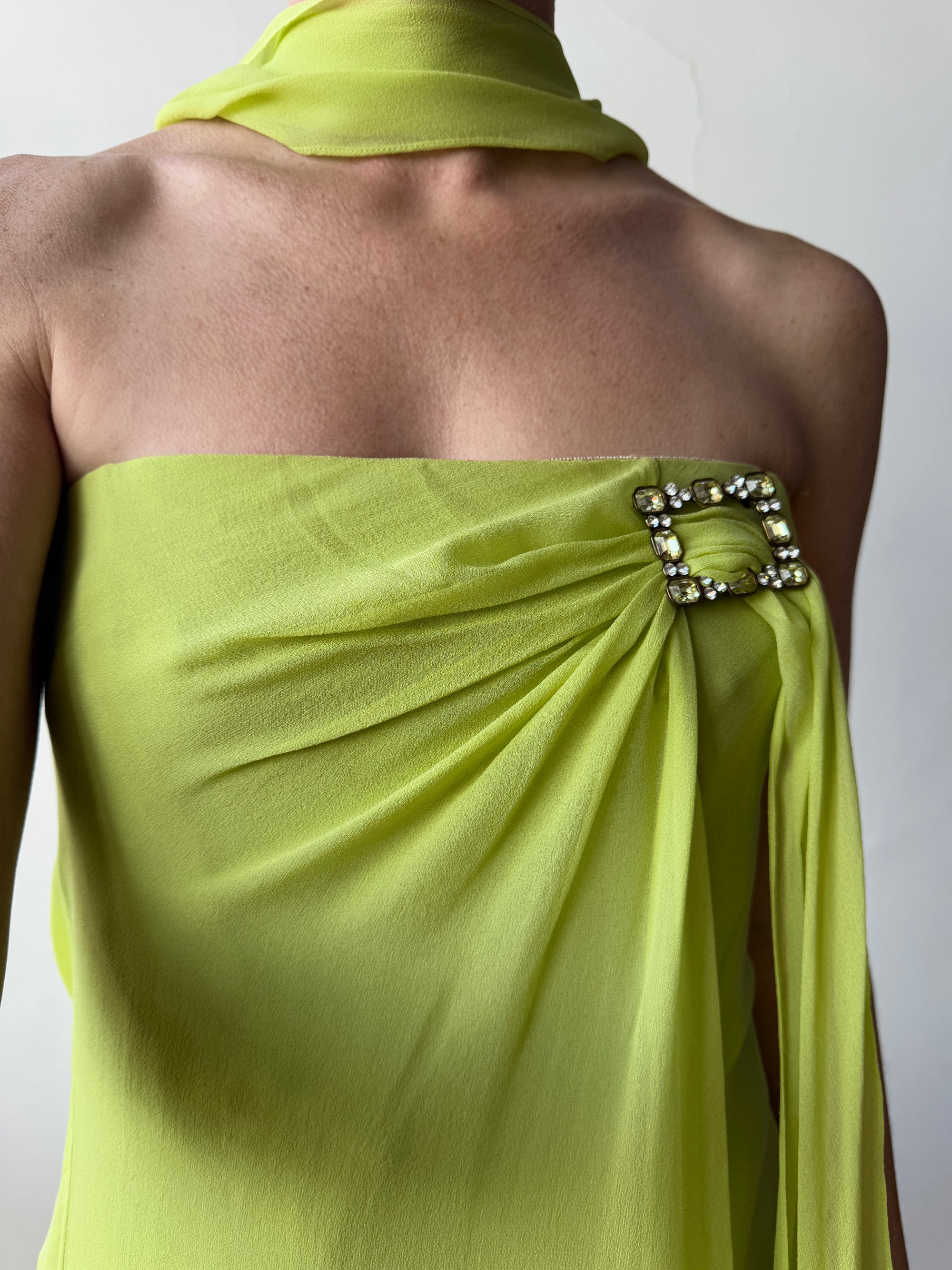 Vintage Y2K Chartreuse Strapless Pure Silk Brooch Dress