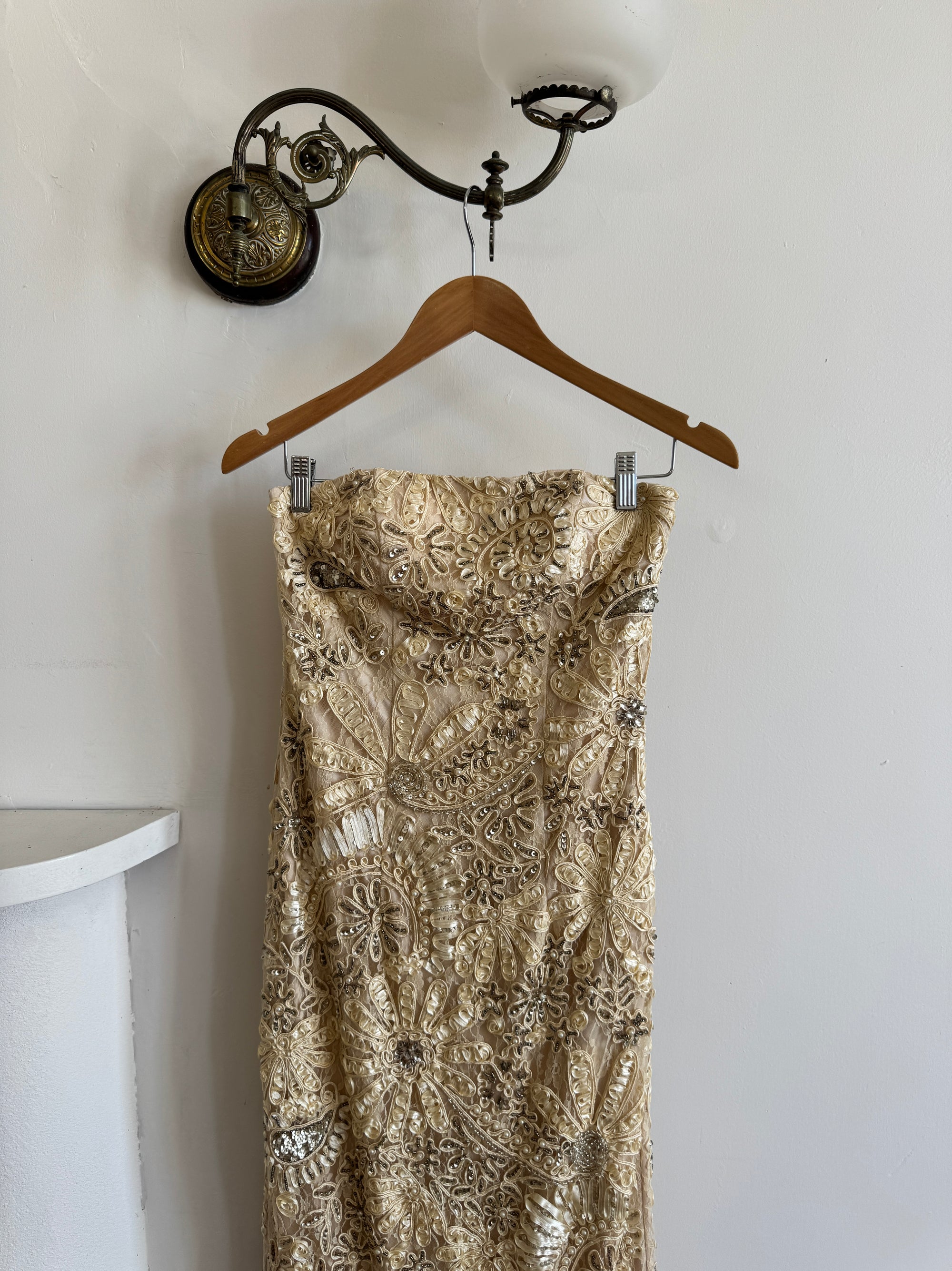 Vintage 90s Strapless Cream Ribbon Bead Embroidered Midi