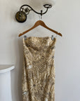 Vintage 90s Strapless Cream Ribbon Bead Embroidered Midi
