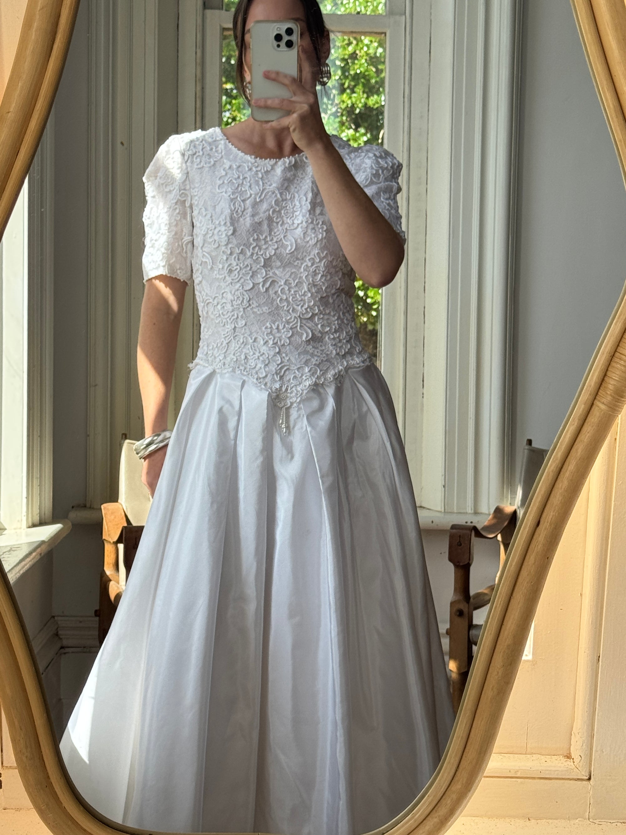 Vintage 80s Rope Embroidered Taffeta Wedding Gown