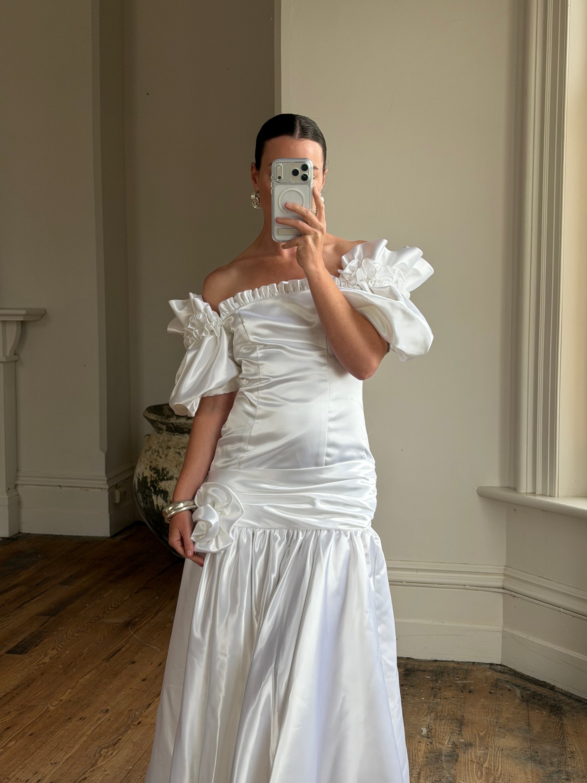 Vintage 80s Satin Drop Waist Wedding Gown