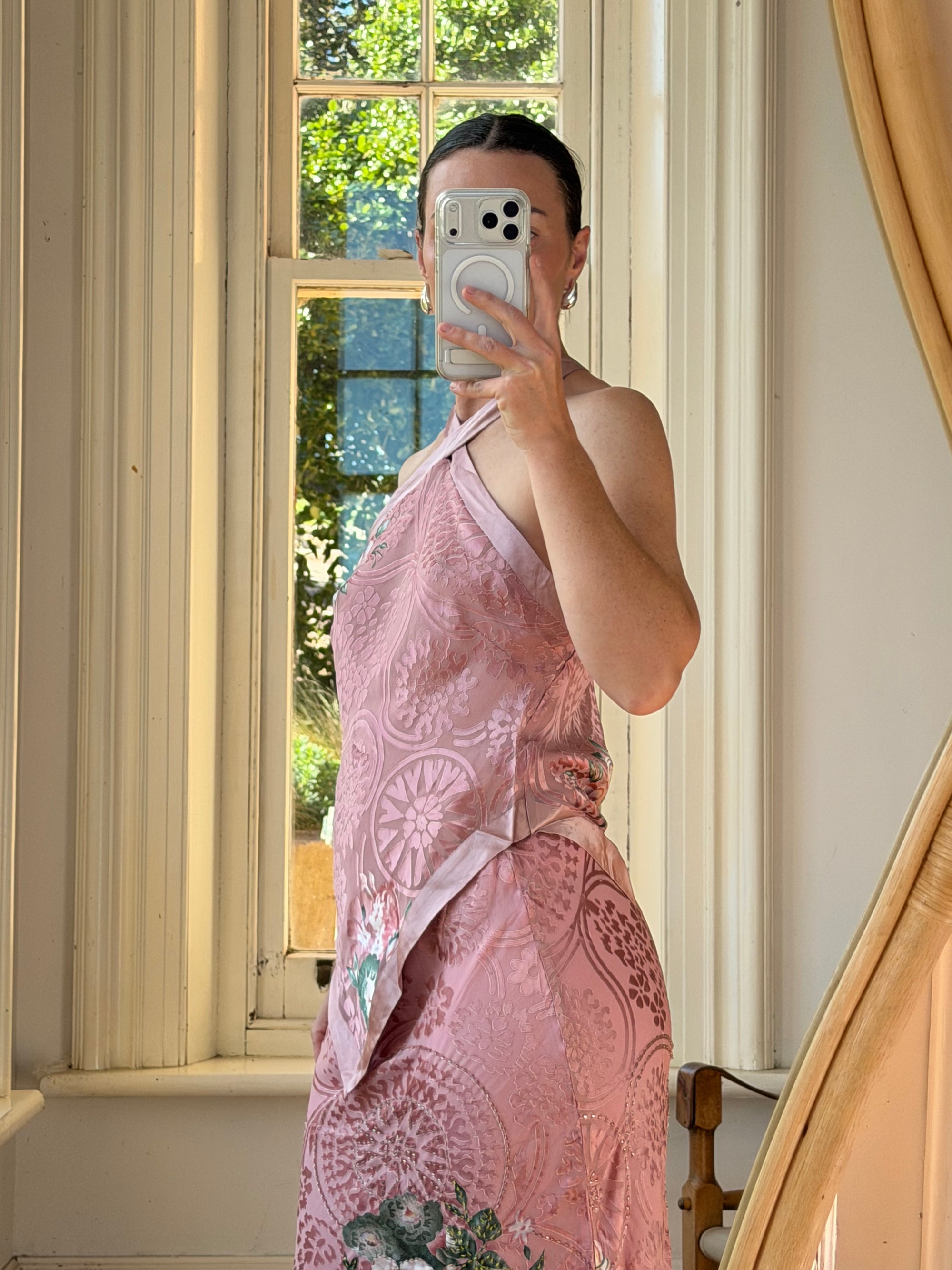 Vintage 90s Dusty Rose Floral Silk Halter Scarf Top and Skirt Set