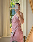 Vintage 90s Dusty Rose Floral Silk Halter Scarf Top and Skirt Set