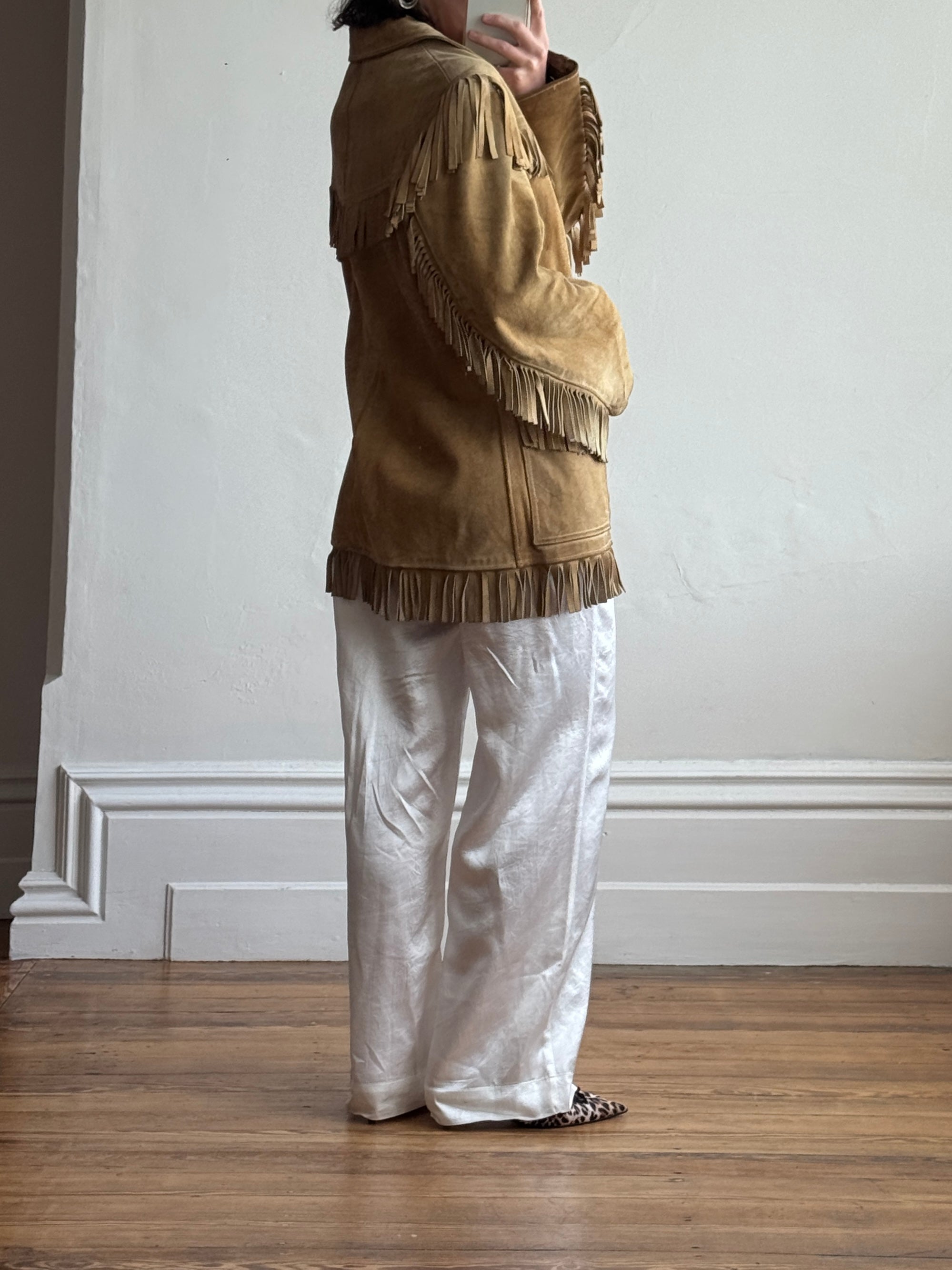 Vintage 70s Western Fringe Suede Leather Jacket Tan