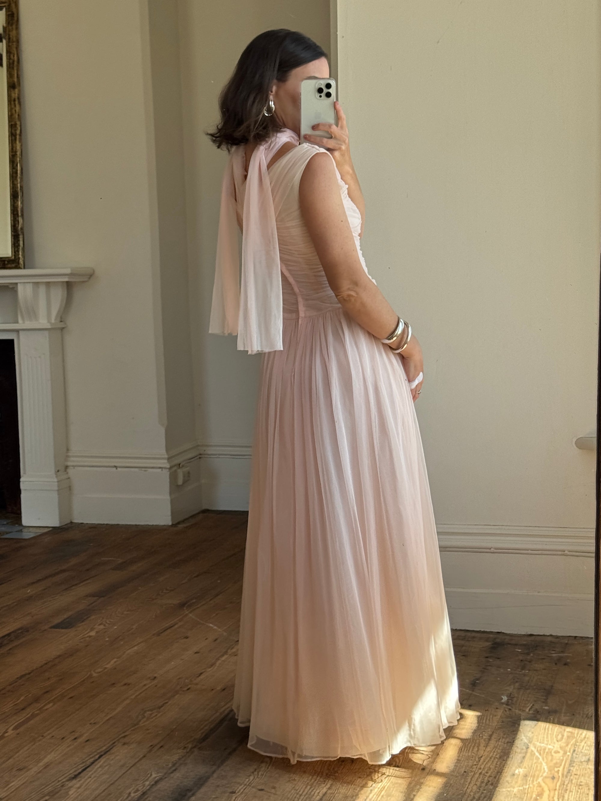 Vintage 60s Chiffon Gathered Pale Pink Maxi Gown