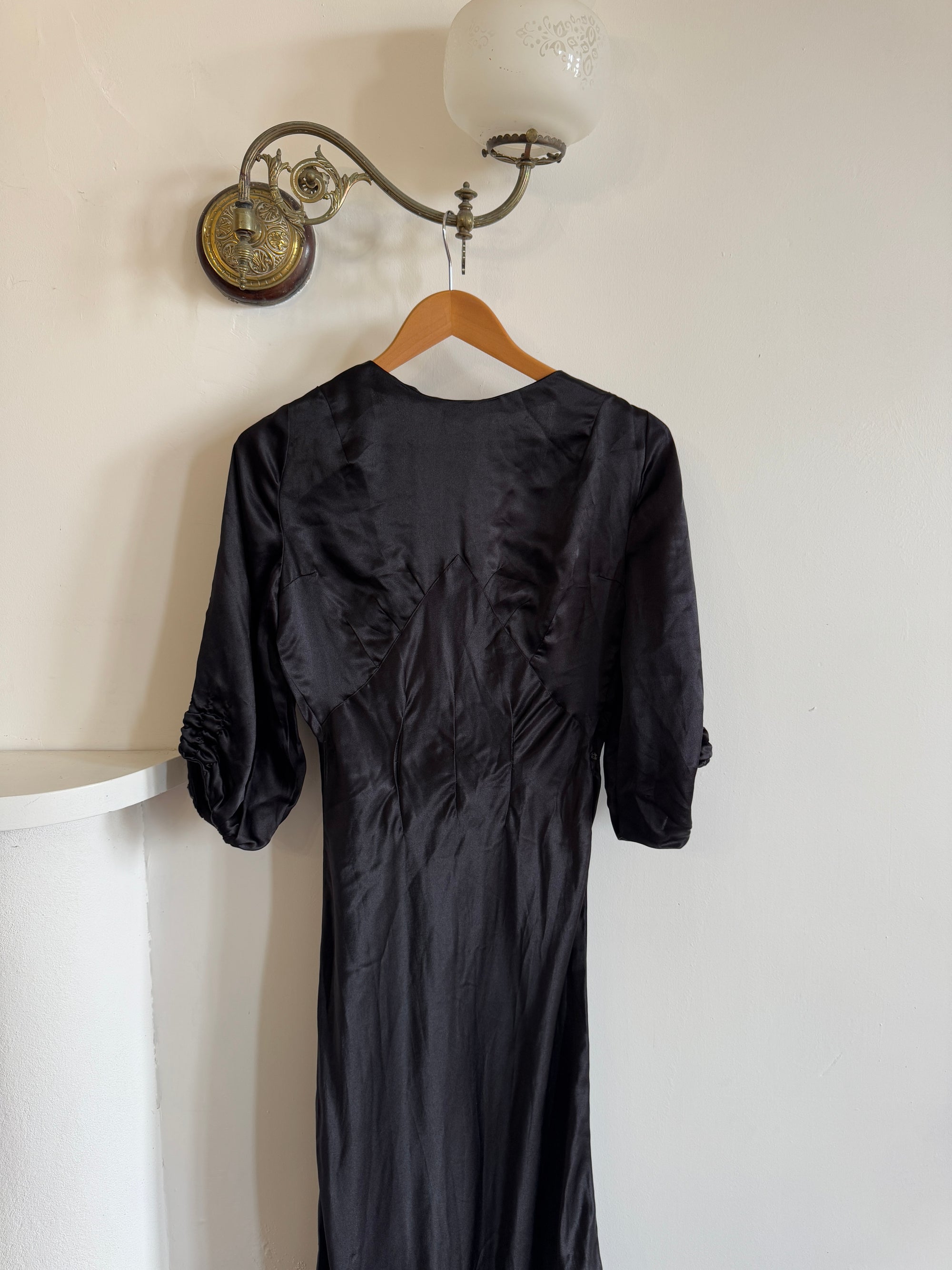 Vintage 30s Black Satin Backless ZigZag Fishtail Dress