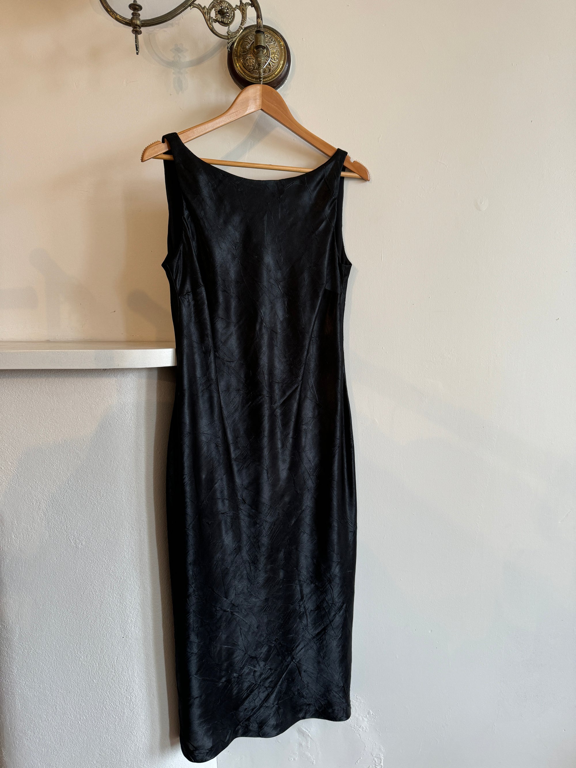 Vintage 90s Black Crinkle Midi Dress