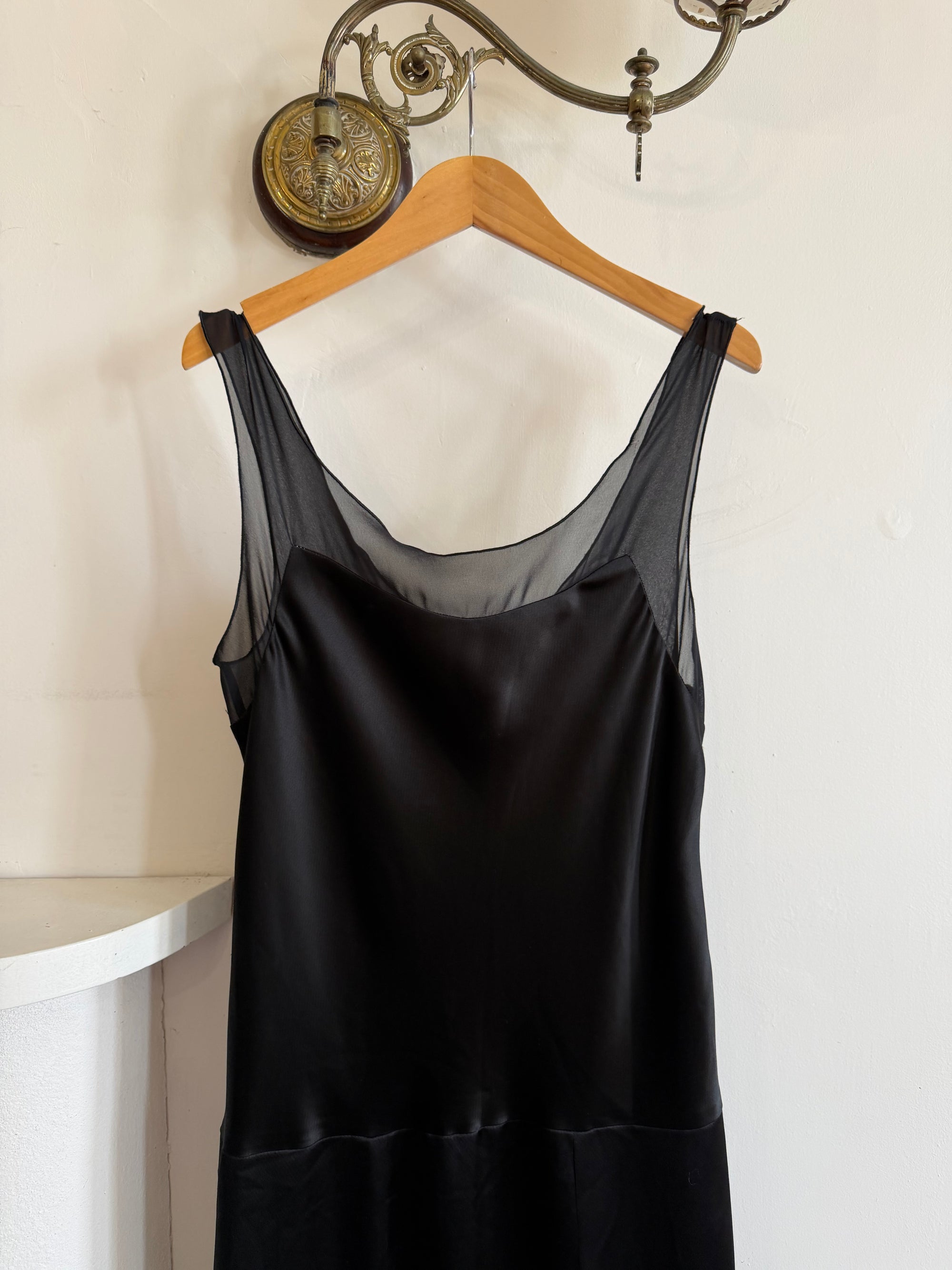 Vintage 90s Satin Drop Waist Midi Dress Noir