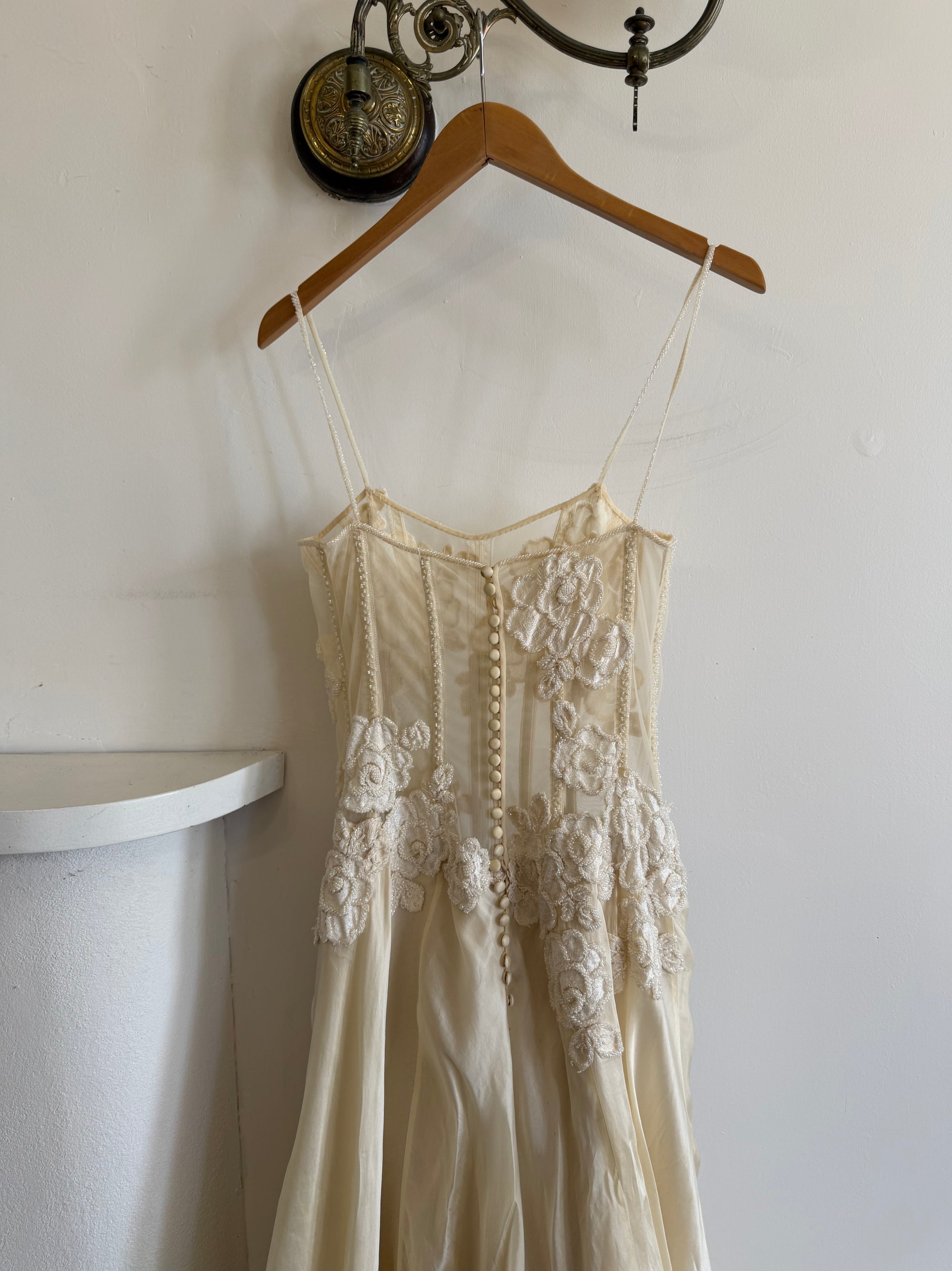 Vintage 90s Italian Nude Floral Beaded Silk Organza Wedding Gown